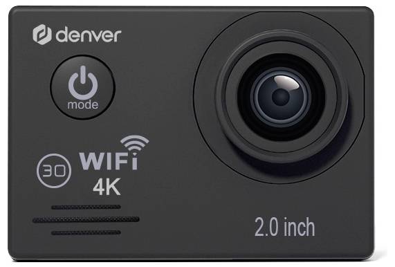 A compact action camera labeled 'denver', featuring a large lens, mode button, and 'WiFi 4K' and '2.0 inch' markings on the front.