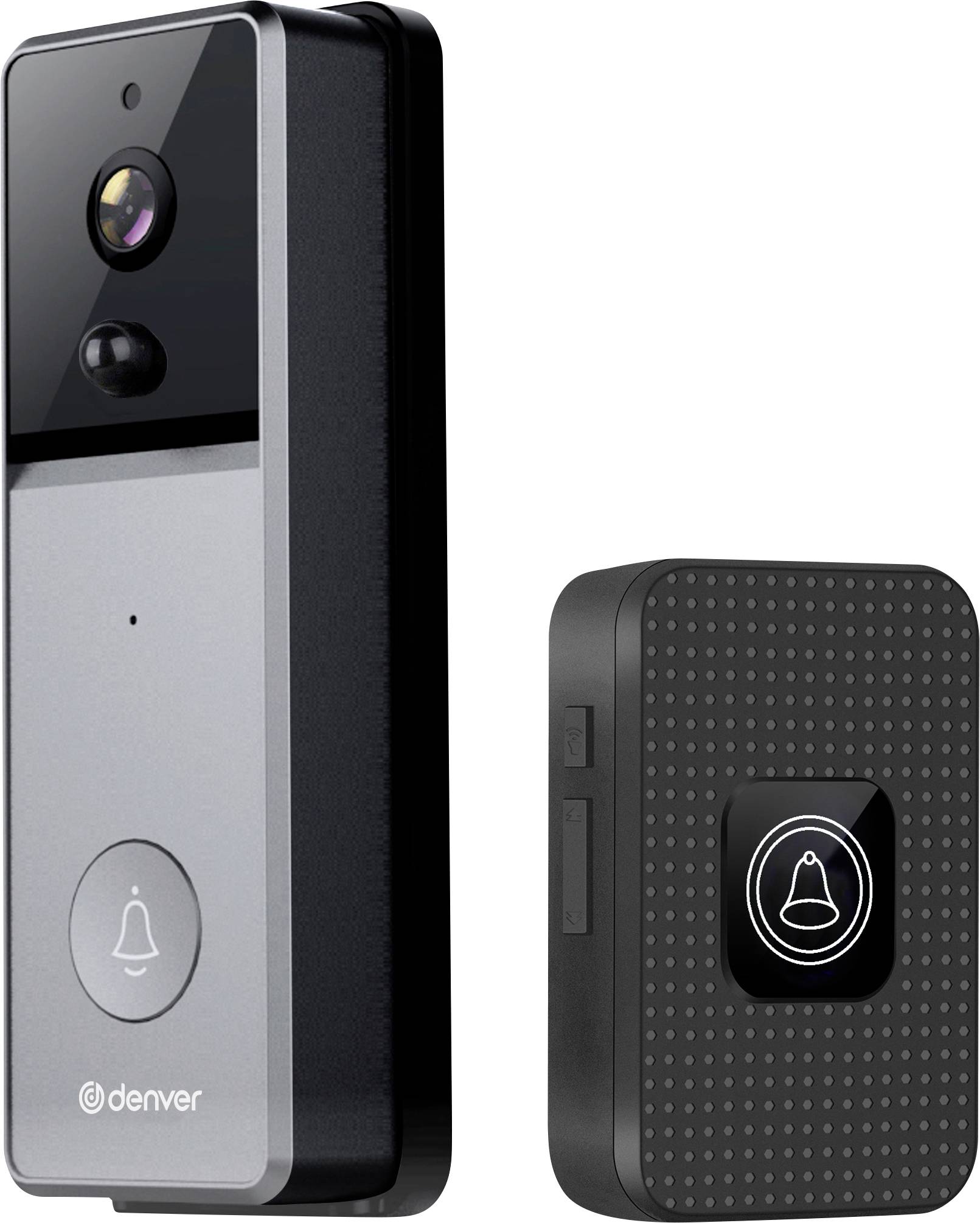 A video doorbell with a camera and button, featuring a bell icon, accompanied by a wireless chime box.
