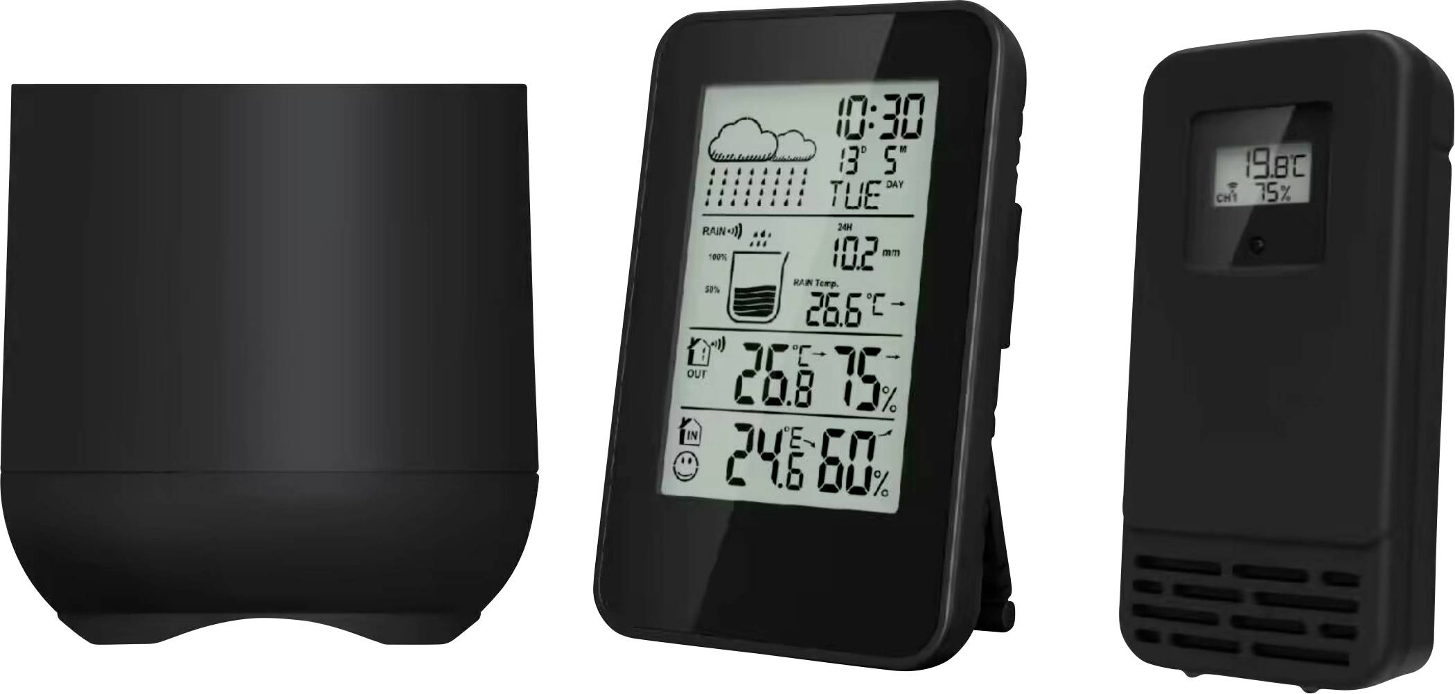 Digital weather station displaying time, date, indoor and outdoor temperature, humidity, and weather forecast symbols. Includes sensor.