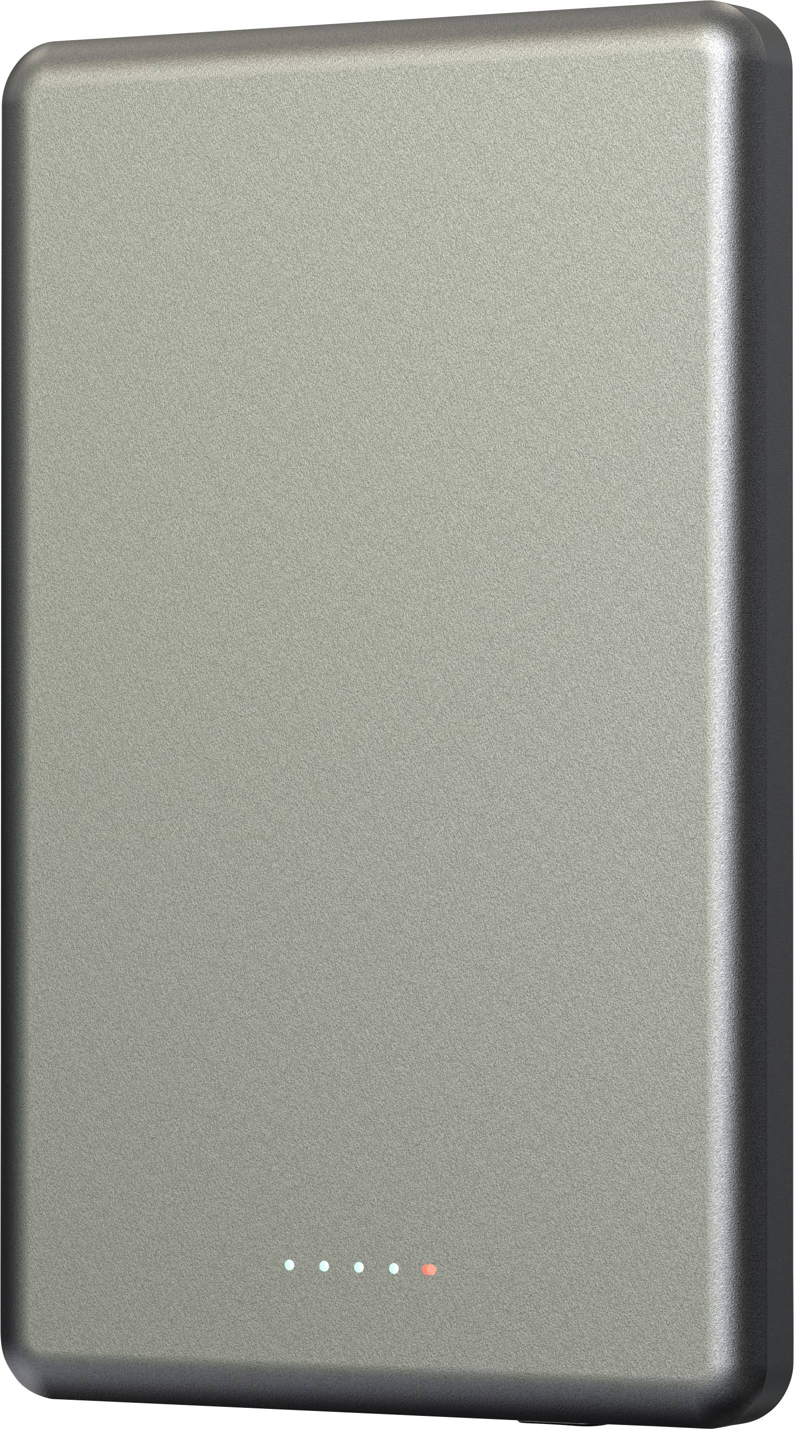 A silver portable power bank with a minimalist design featuring five small indicator lights at the bottom.