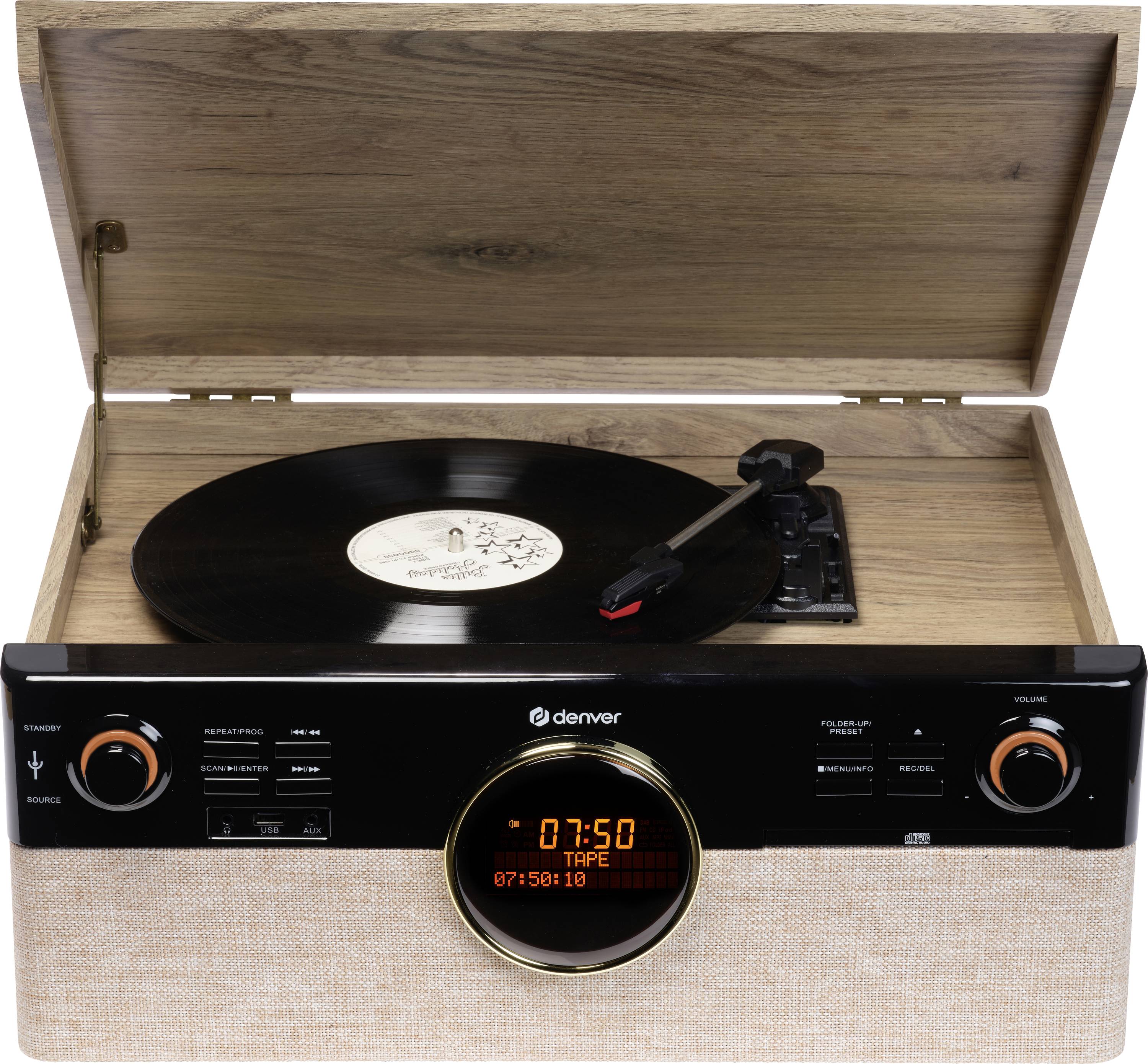 A classic wooden turntable with a vinyl record playing, featuring modern digital display and control knobs on the front panel.