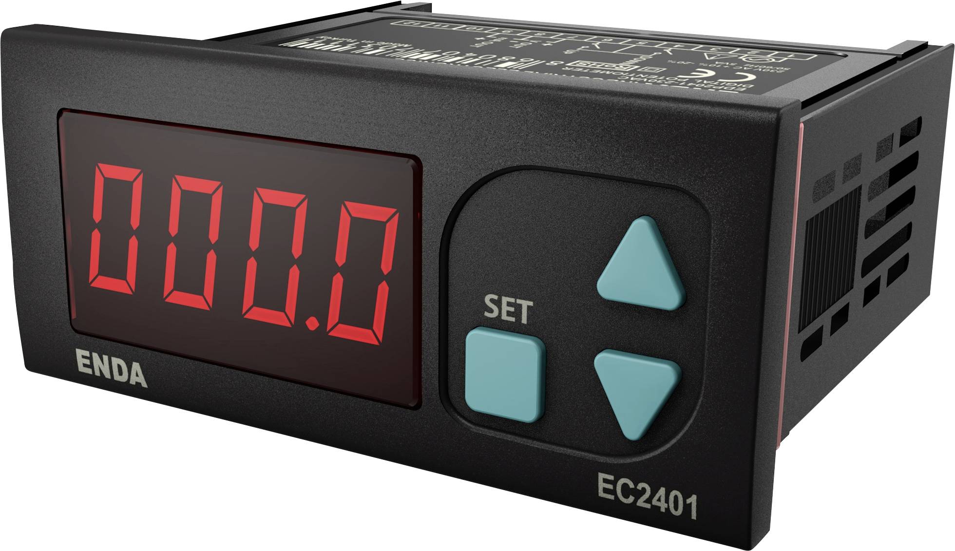 A digital temperature controller with a red LED display showing '000.0', labeled 'ENDA EC2401', featuring blue up and down arrow buttons and a 'SET' button.