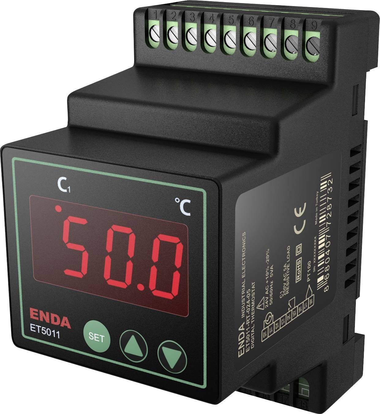 'ENDA ET5011' digital temperature controller displaying '50.0°C'. Features numeric display and control buttons; electrical terminals on top.