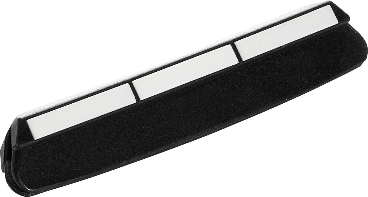 Black and white chalkboard eraser with a black felt bottom and white segments on top.