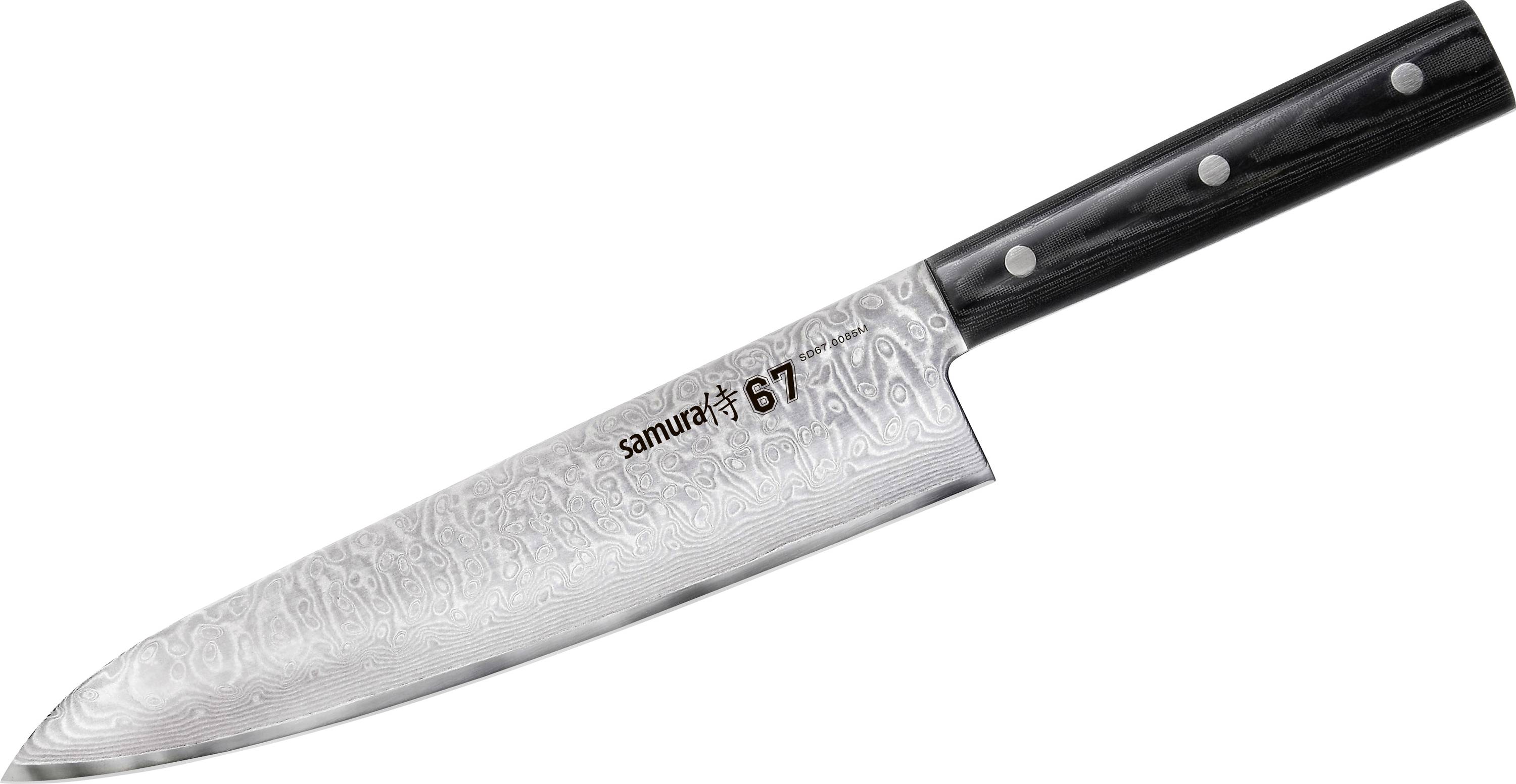 A chef's knife with a patterned blade and black handle featuring three rivets, labeled 'samura 67'.