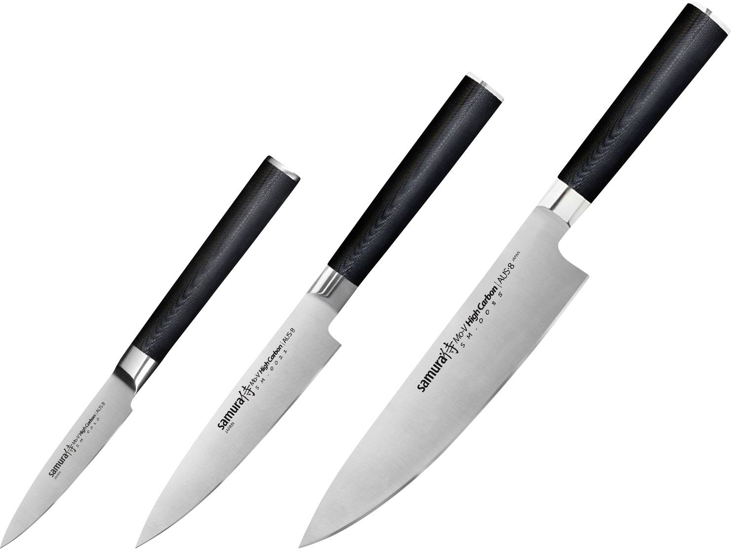 Three kitchen knives with black handles and silver blades of varying sizes arranged diagonally against a white background.