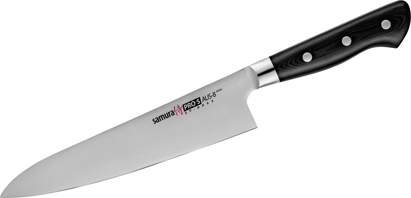 A chef's knife with a black handle and silver blade, labeled 'Samura PRO-S'. Ideal for slicing and dicing in culinary tasks.