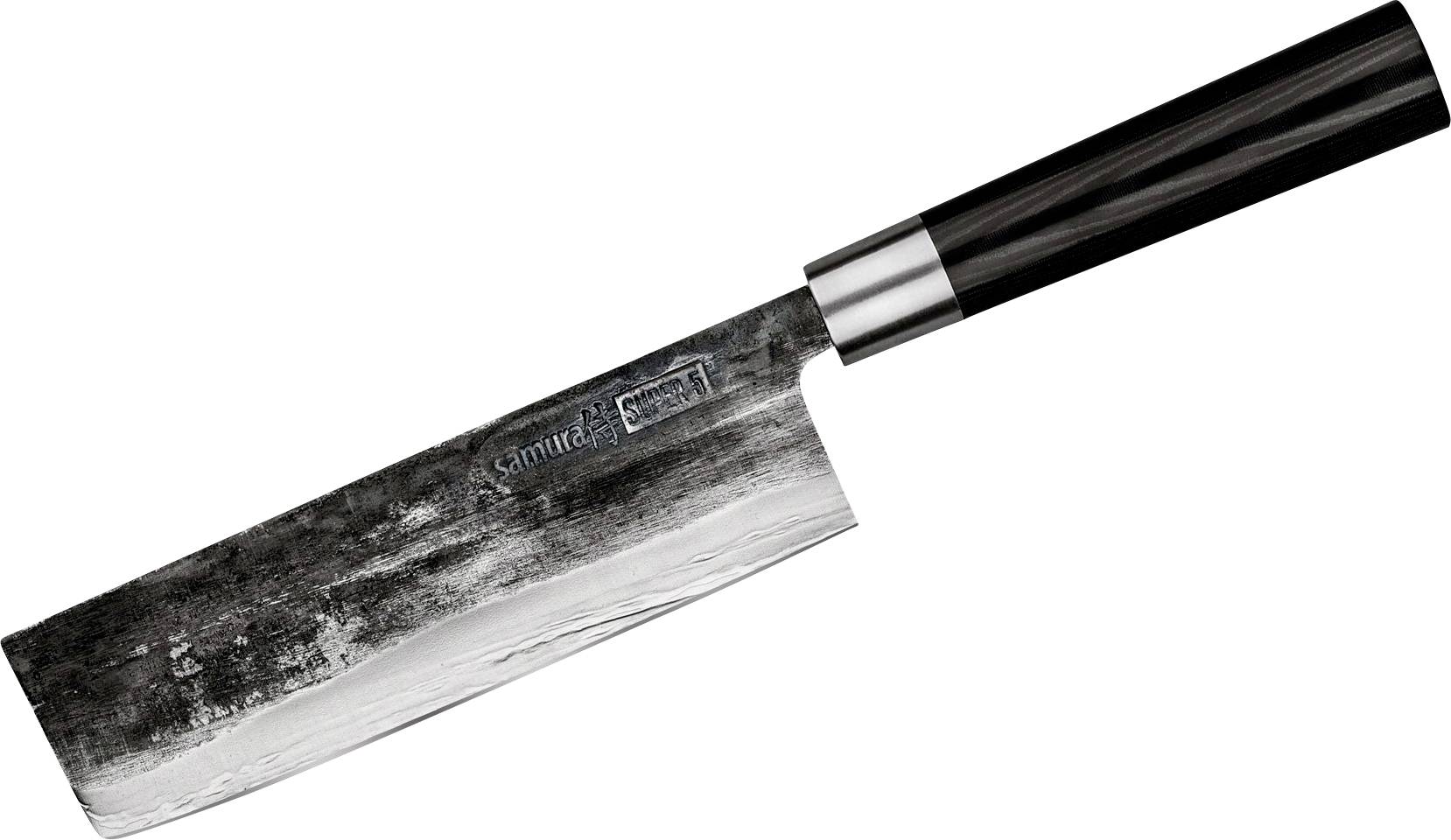 A Japanese-style chef's knife with a black handle and a broad, rectangular blade, featuring a textured finish near the edge.