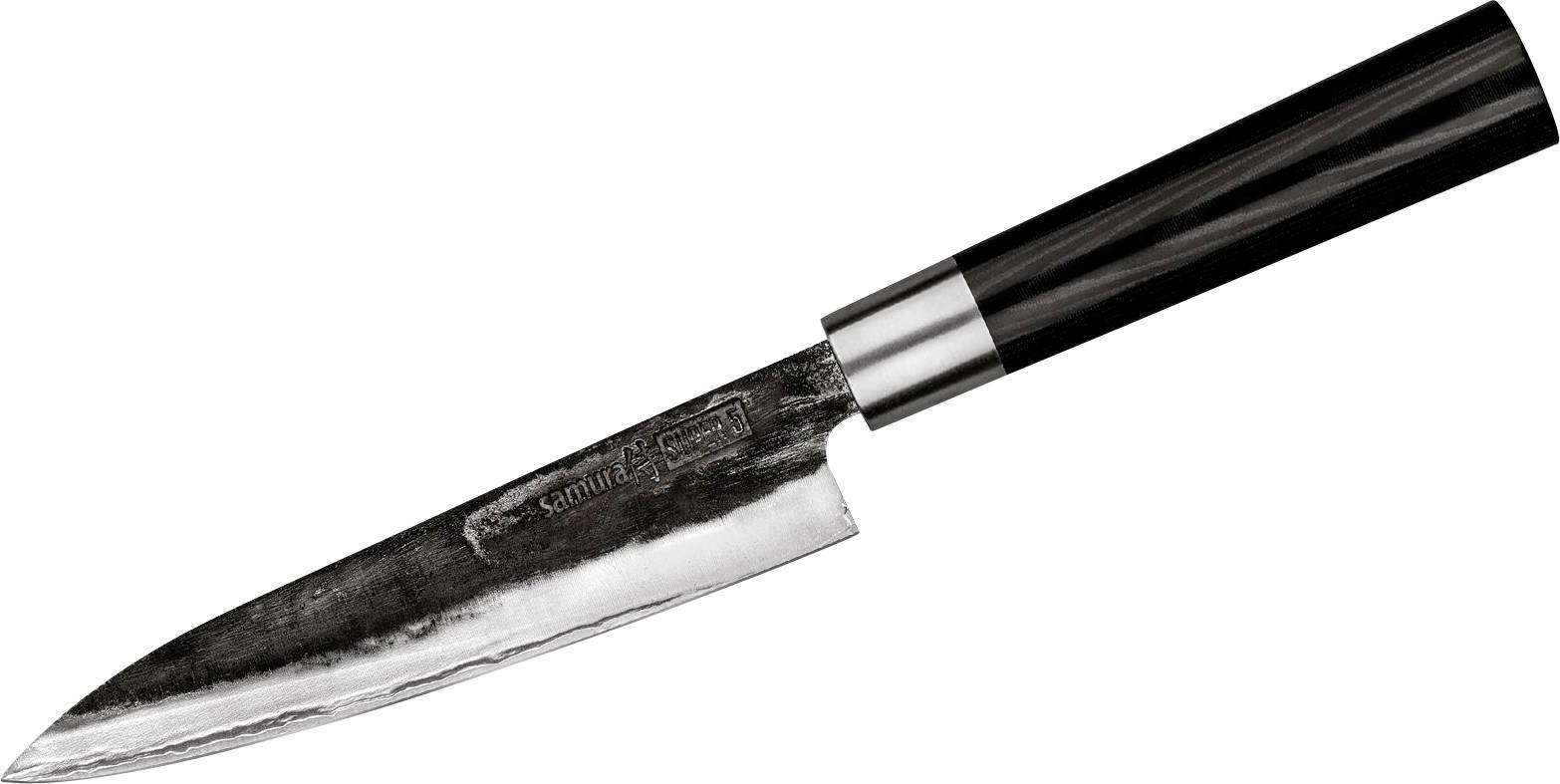 A sleek chef's knife with a dark wooden handle and a sharp, polished blade, designed for precision cutting in culinary tasks.