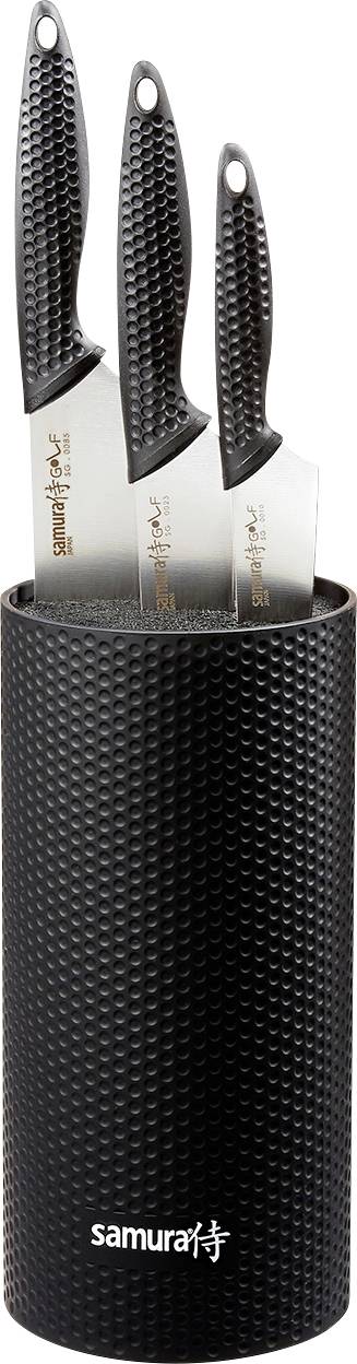 A black textured knife block containing three knives with black handles and visible blades.