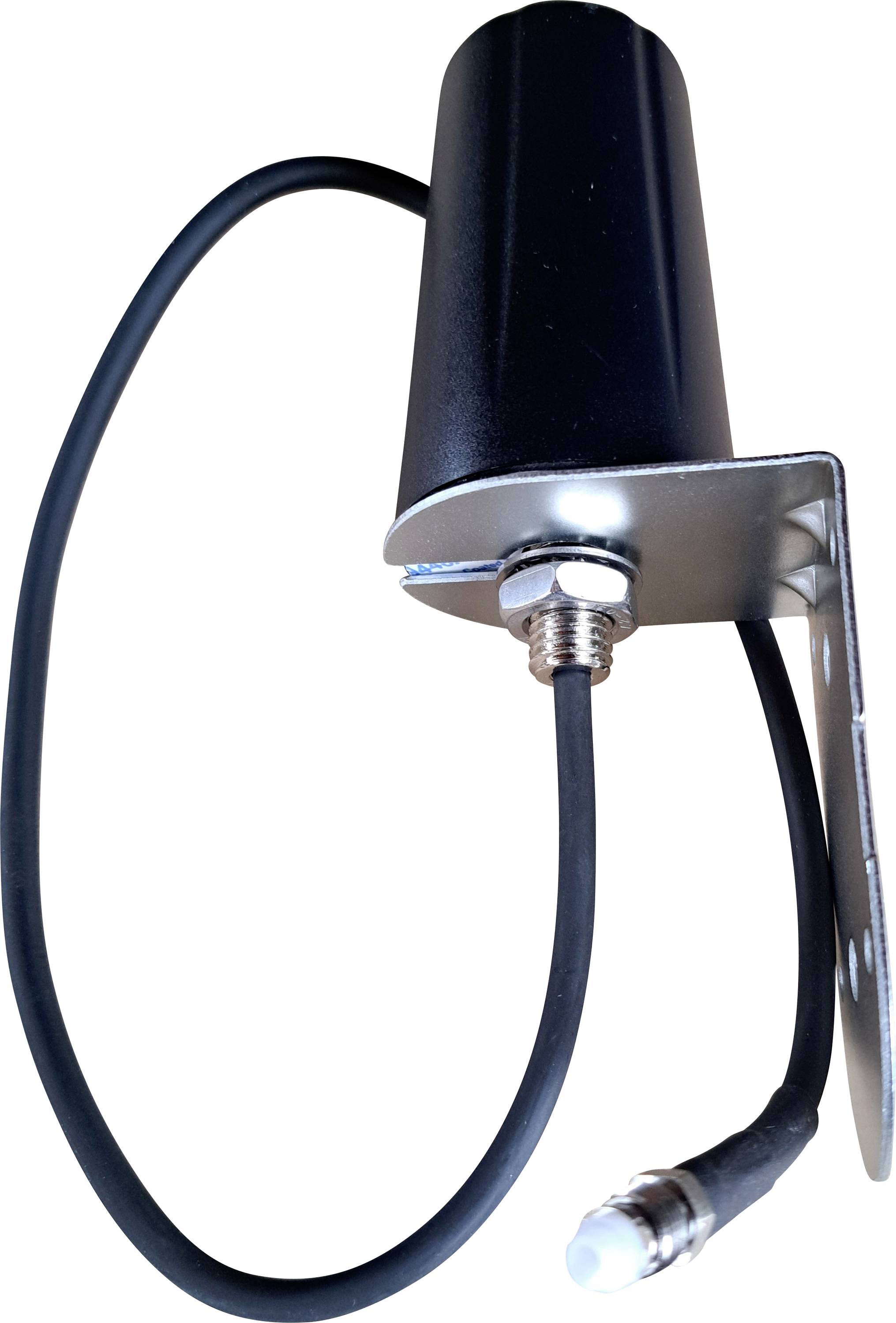 A black and silver electrical sensor with a cylindrical shape, attached to a metal bracket, featuring a cable and connector.