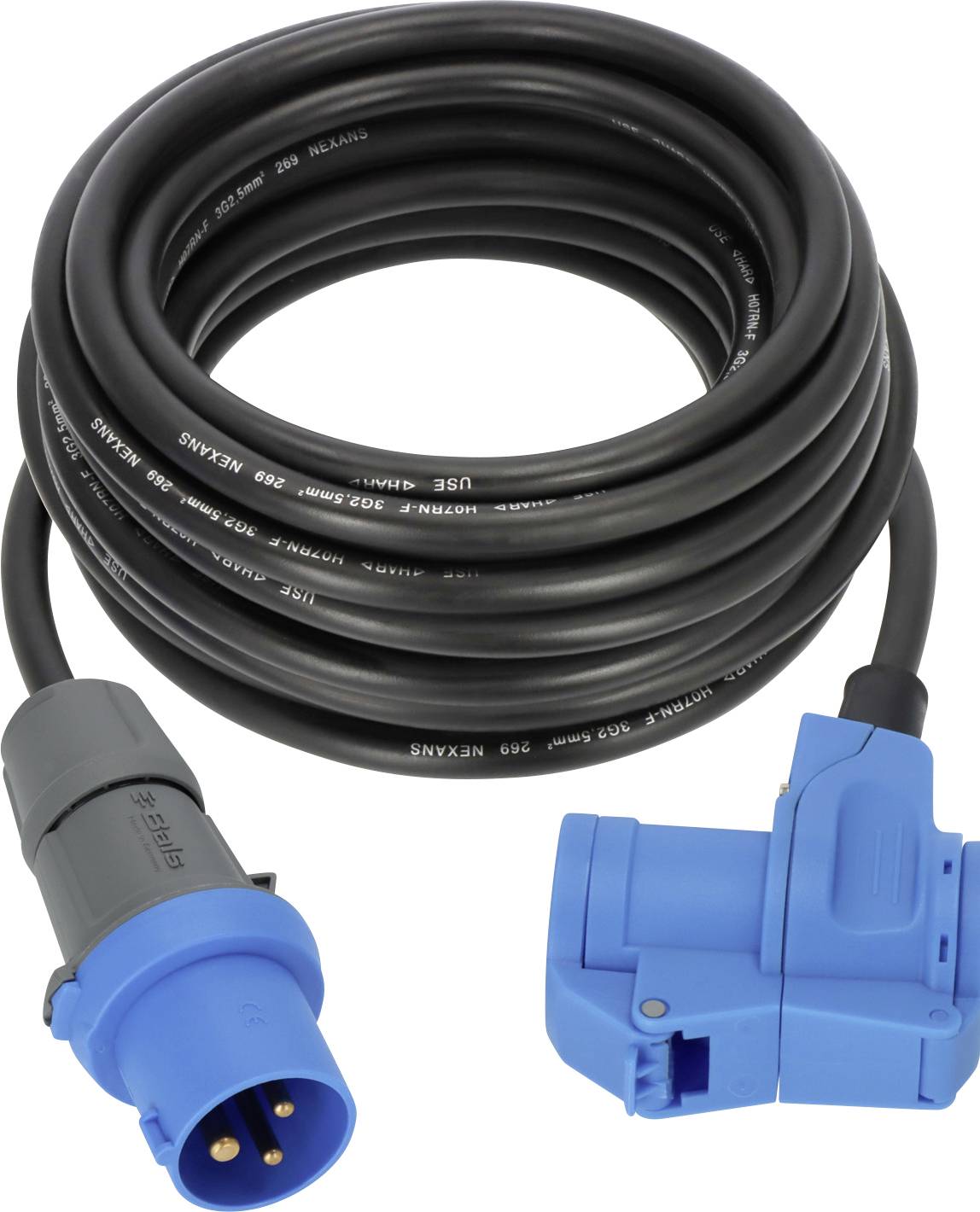 Coiled black power cable with blue industrial connectors on both ends, one male plug and one locking female socket.