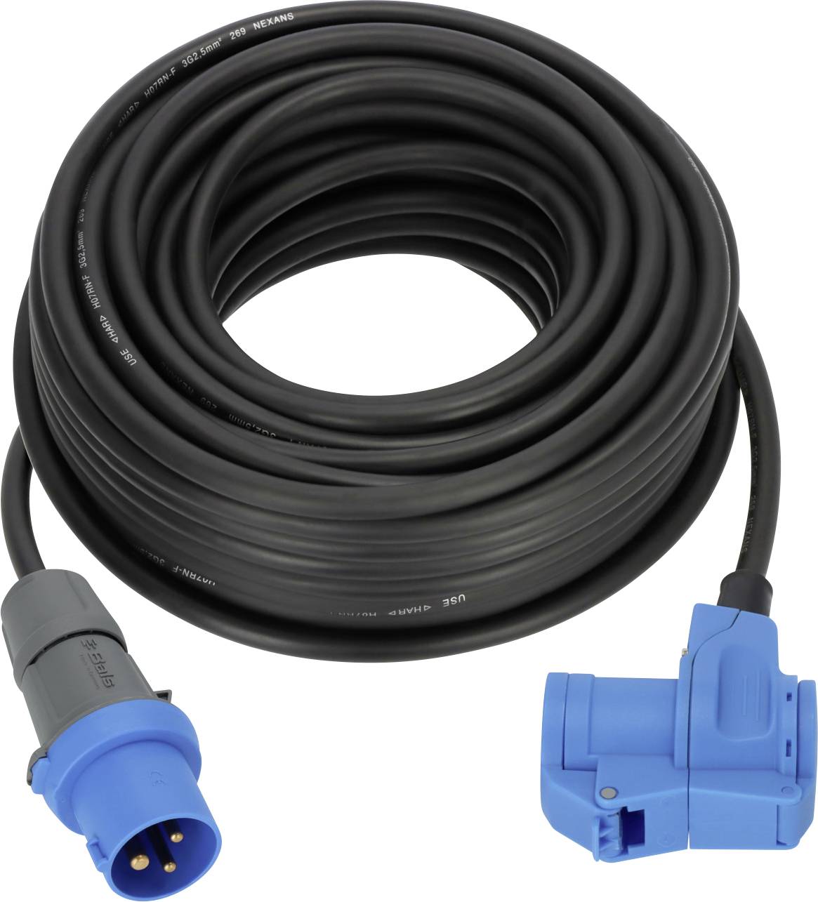 Coiled black power cable with blue industrial connectors on both ends, shown on a white background.