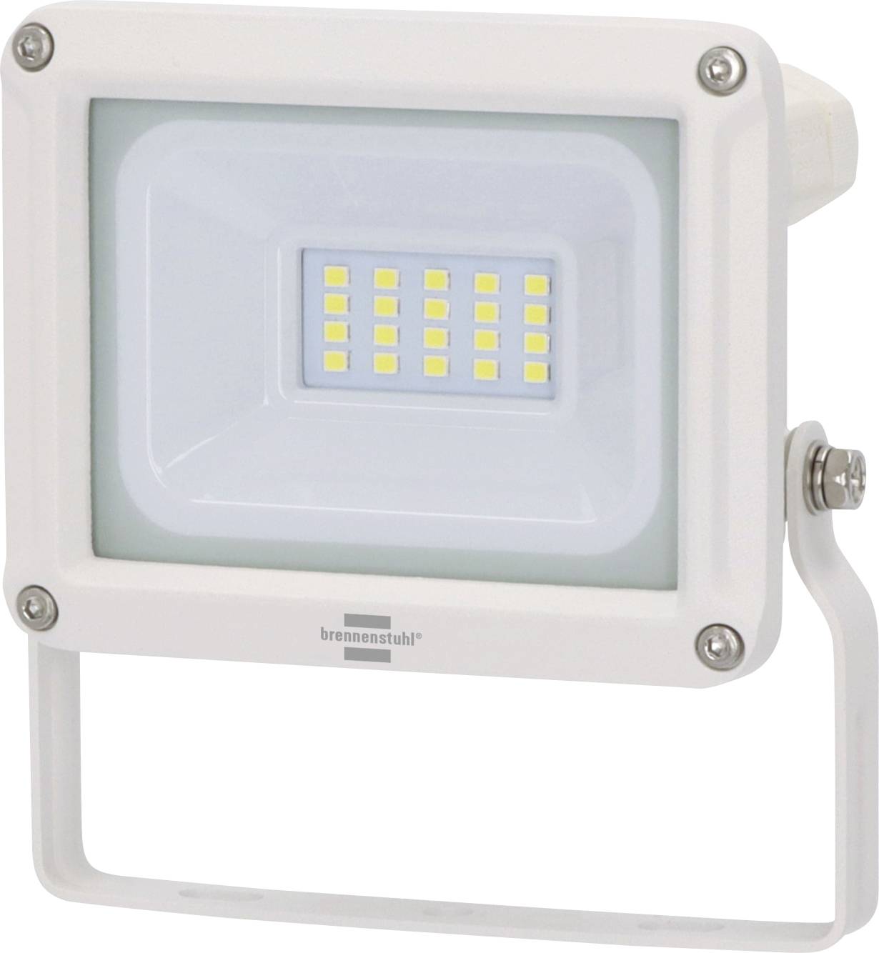White LED floodlight with mounting bracket and screws on a plain background.