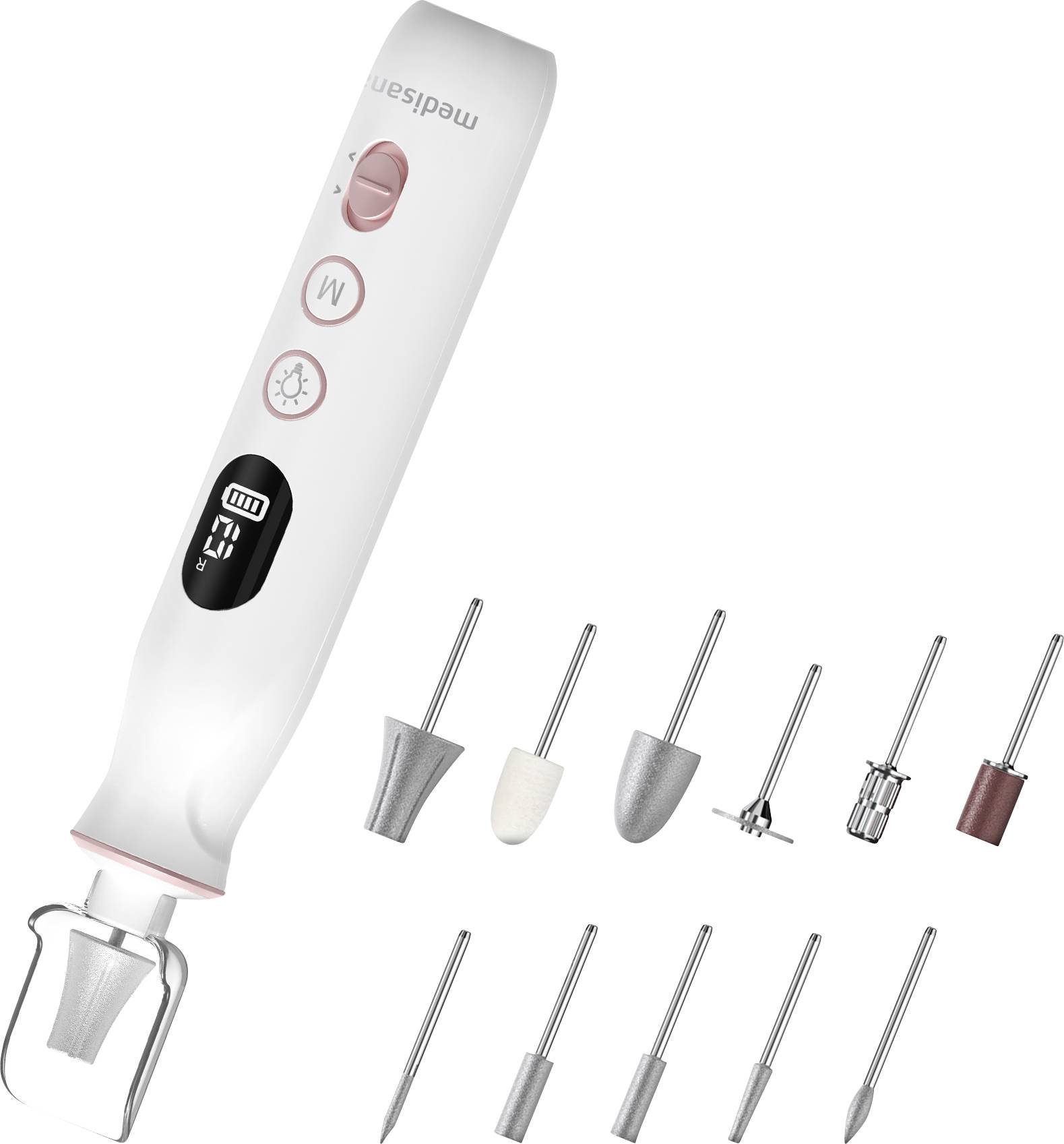 Nail drill kit with an electric file, multiple drill bits, and sanding attachments for manicure and pedicure use.