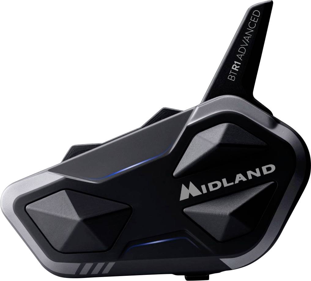 Motorcycle communication device in black with 'MIDLAND' branding and 'BTR1 ADVANCED' text on antenna, featuring angular design.
