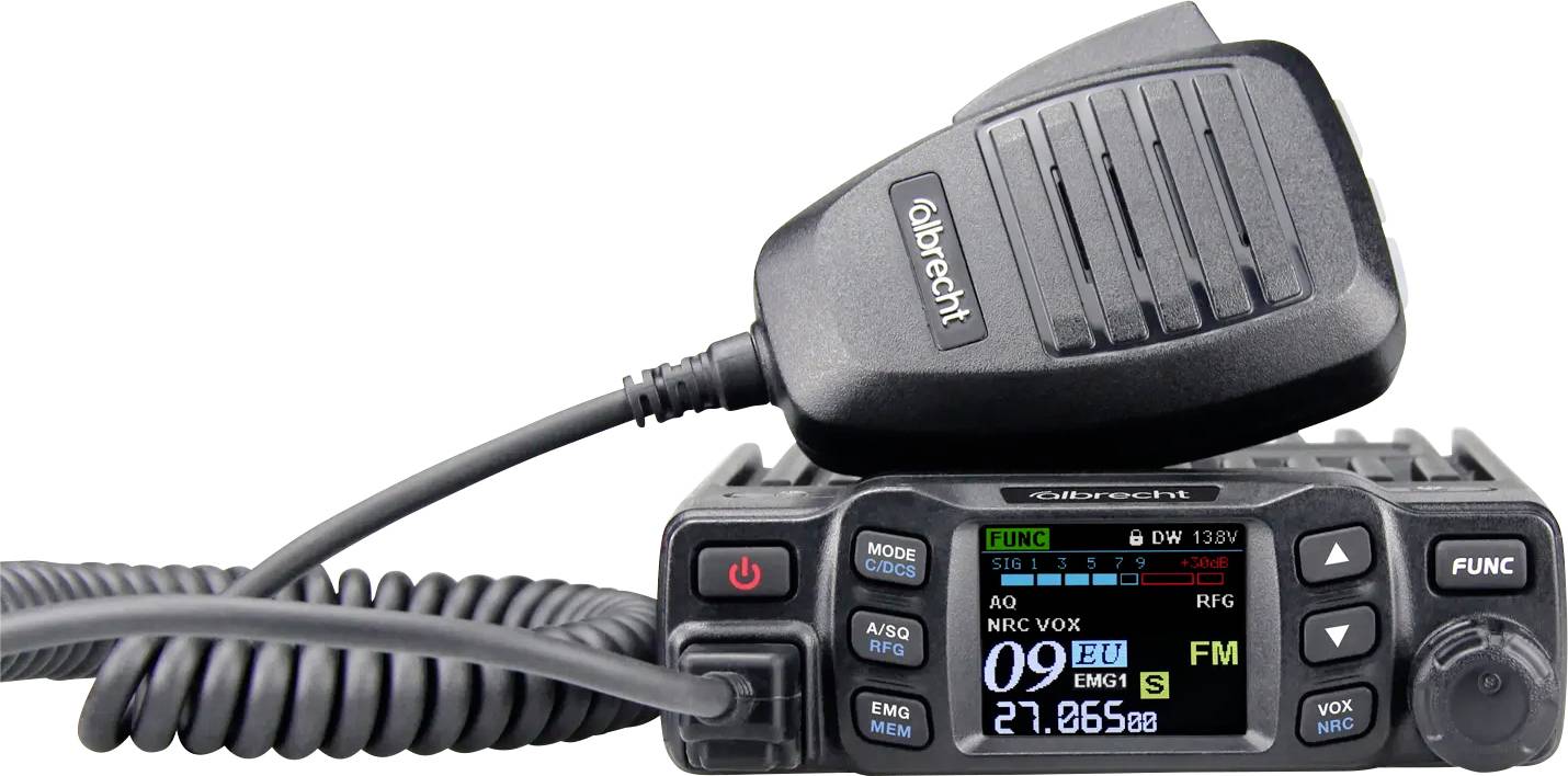 A compact radio transceiver with an attached microphone, featuring a digital display and various control buttons for communication.