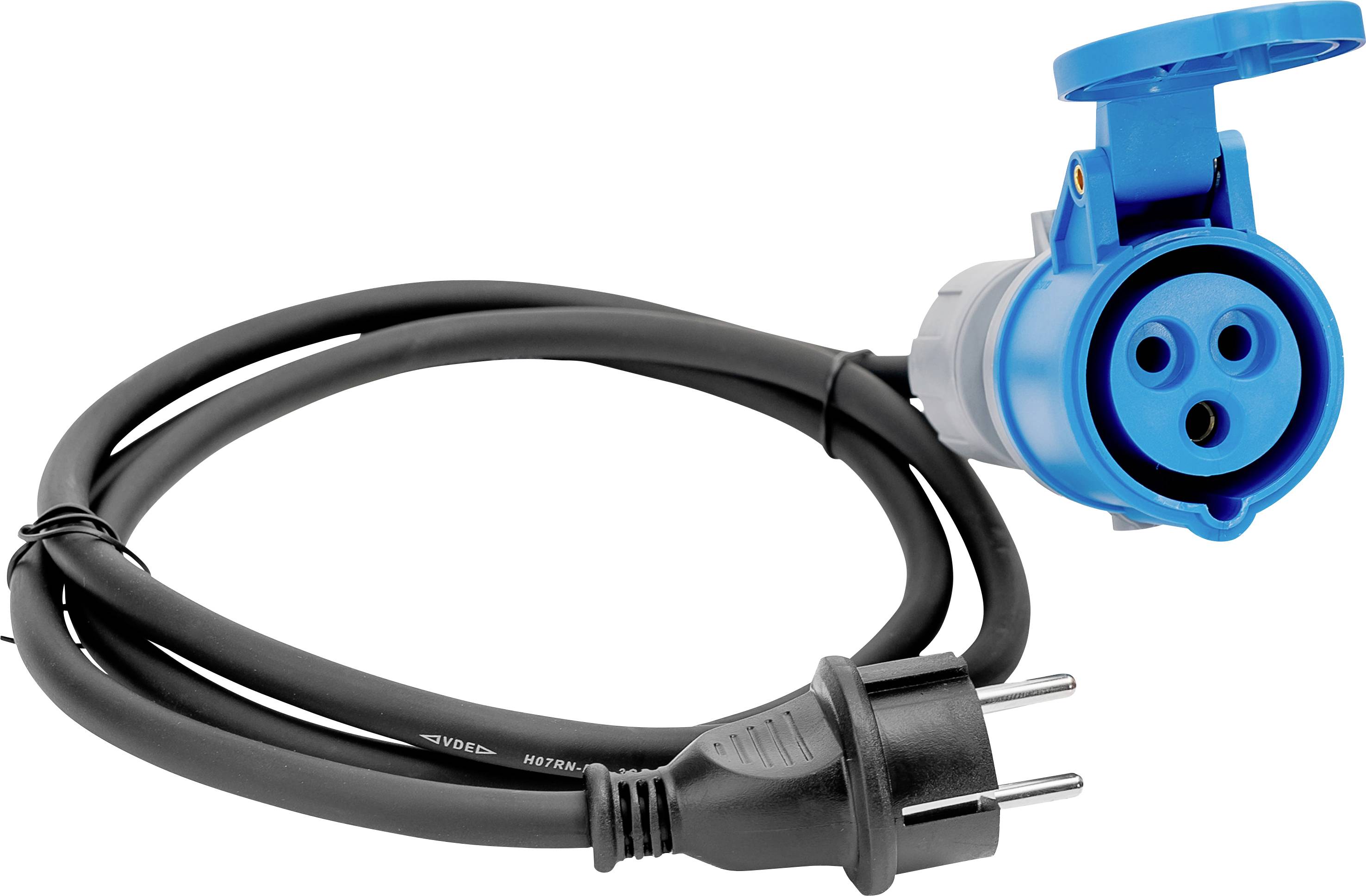 A blue and black electrical vehicle charging cable with a plug and socket, used for connecting electric vehicles to power sources.
