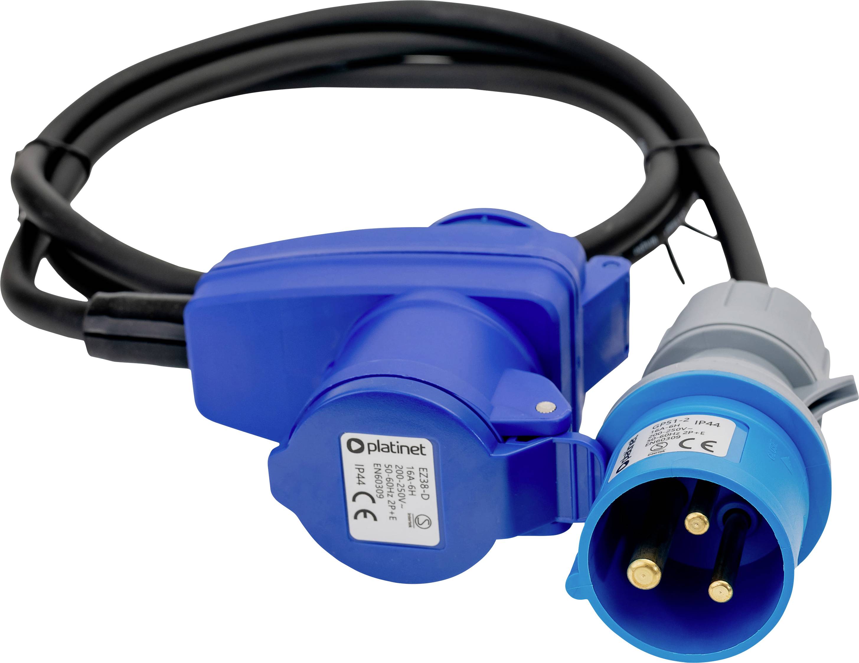 Blue and gray plug connector with cable, featuring European certifications on the label.