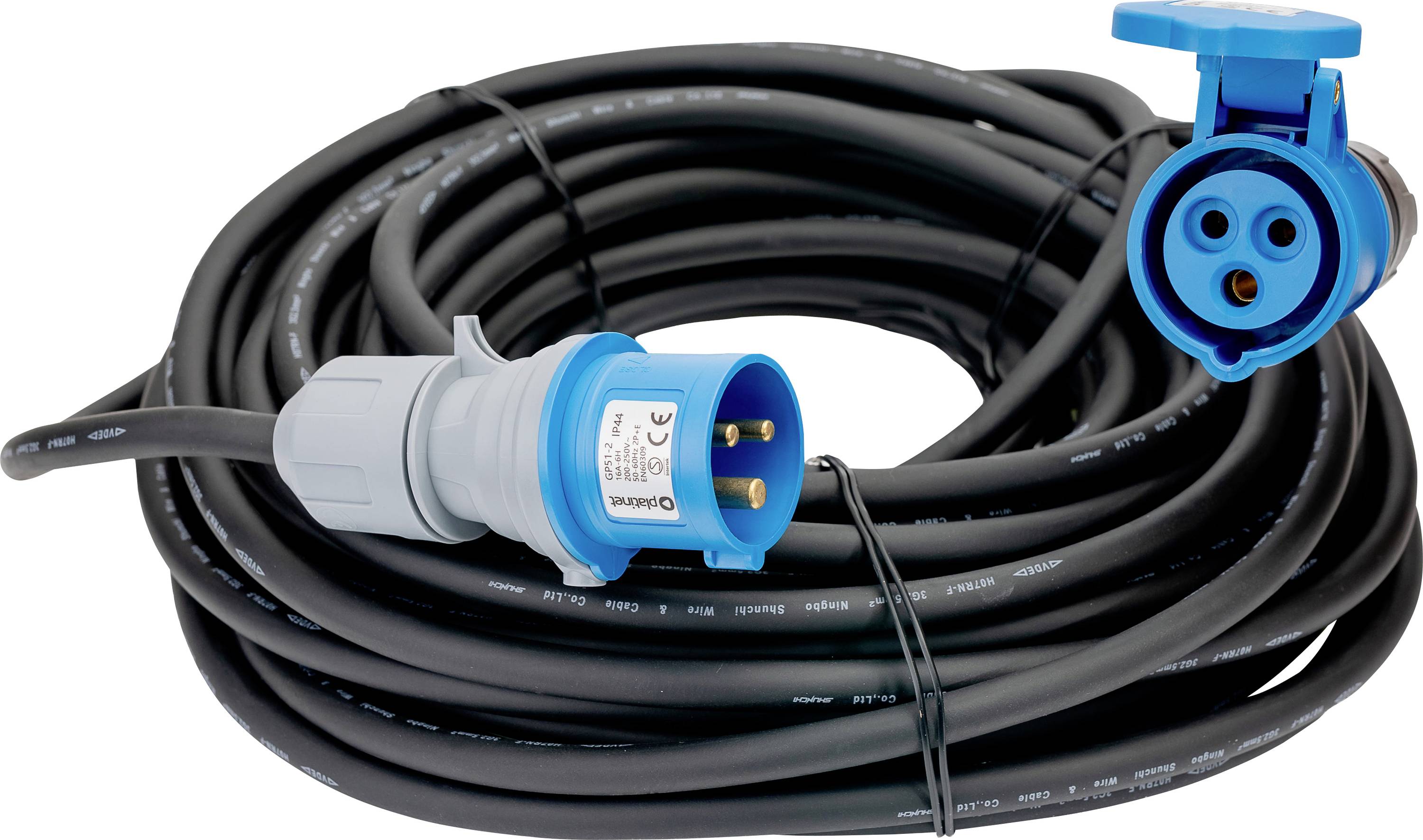 A long coiled power cable with blue industrial plug and socket, used for heavy-duty electrical connections.