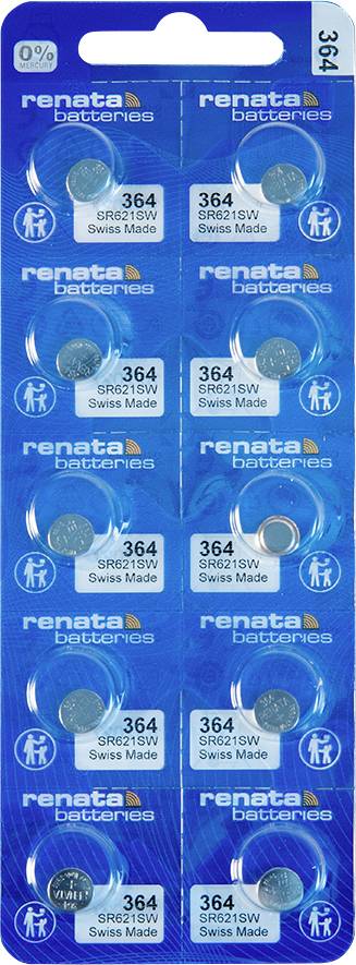 A pack of eight Renata 364 SR621SW watch batteries labeled 'Swiss Made.' The packaging features blue and white colors, with the text indicating 0% Hg.