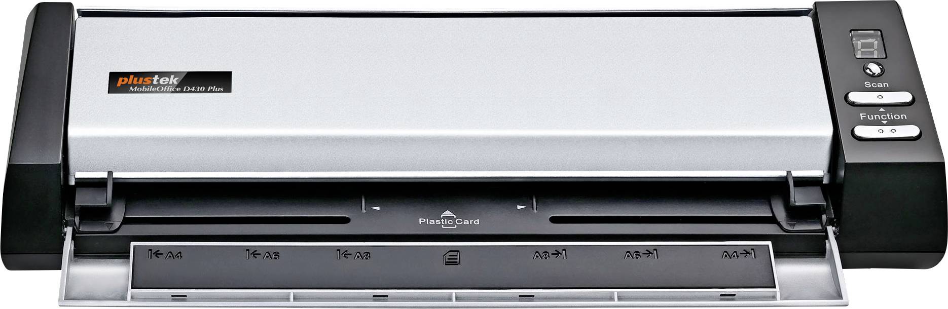 A portable document scanner with control buttons for scan, function, and resolution. Black and gray design with 'Plustek MobileOffice S602 Pro' branding.