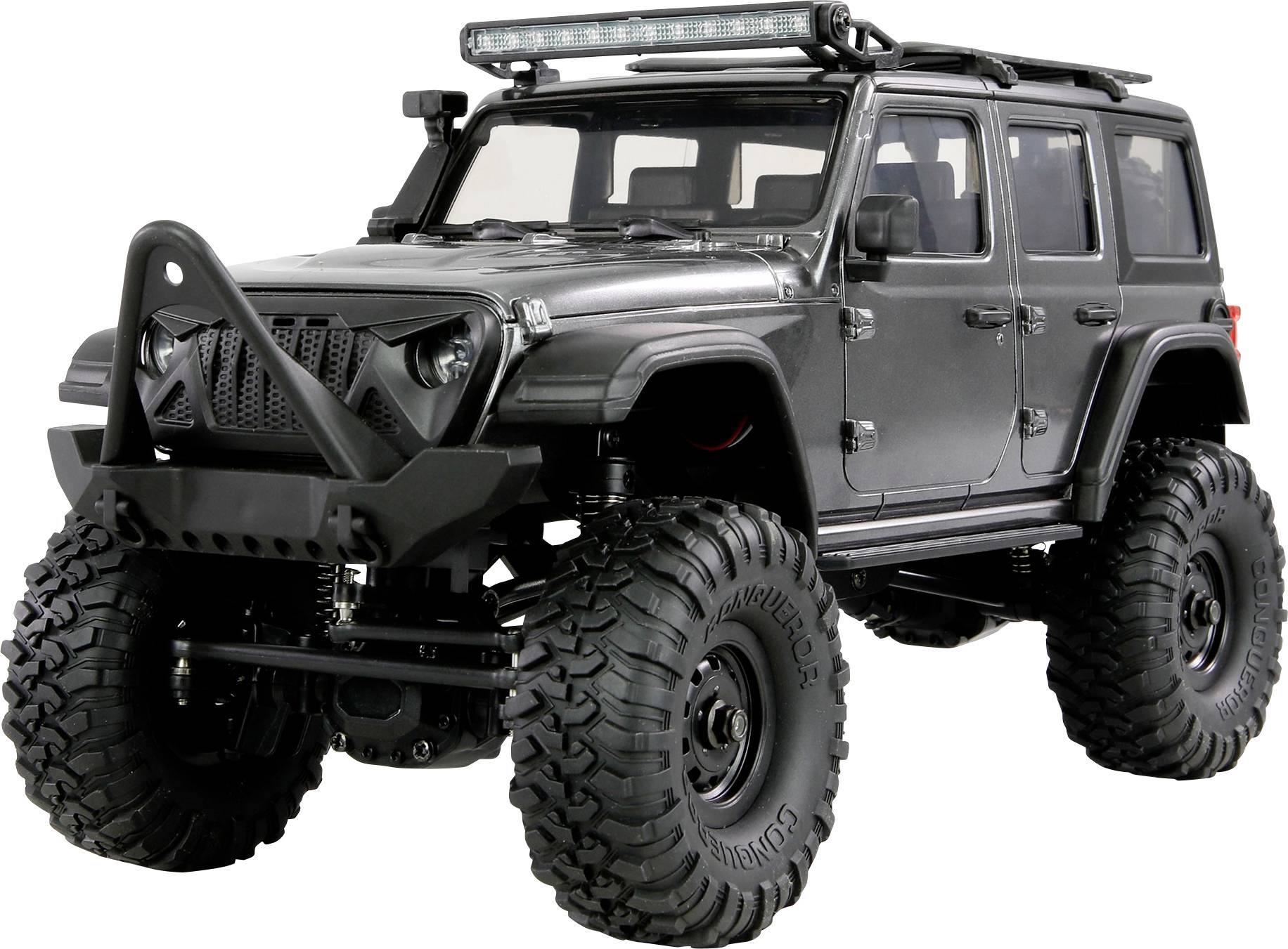 A modified, black, four-door off-road vehicle with large tires, a front bumper bar, and roof-mounted light bar.