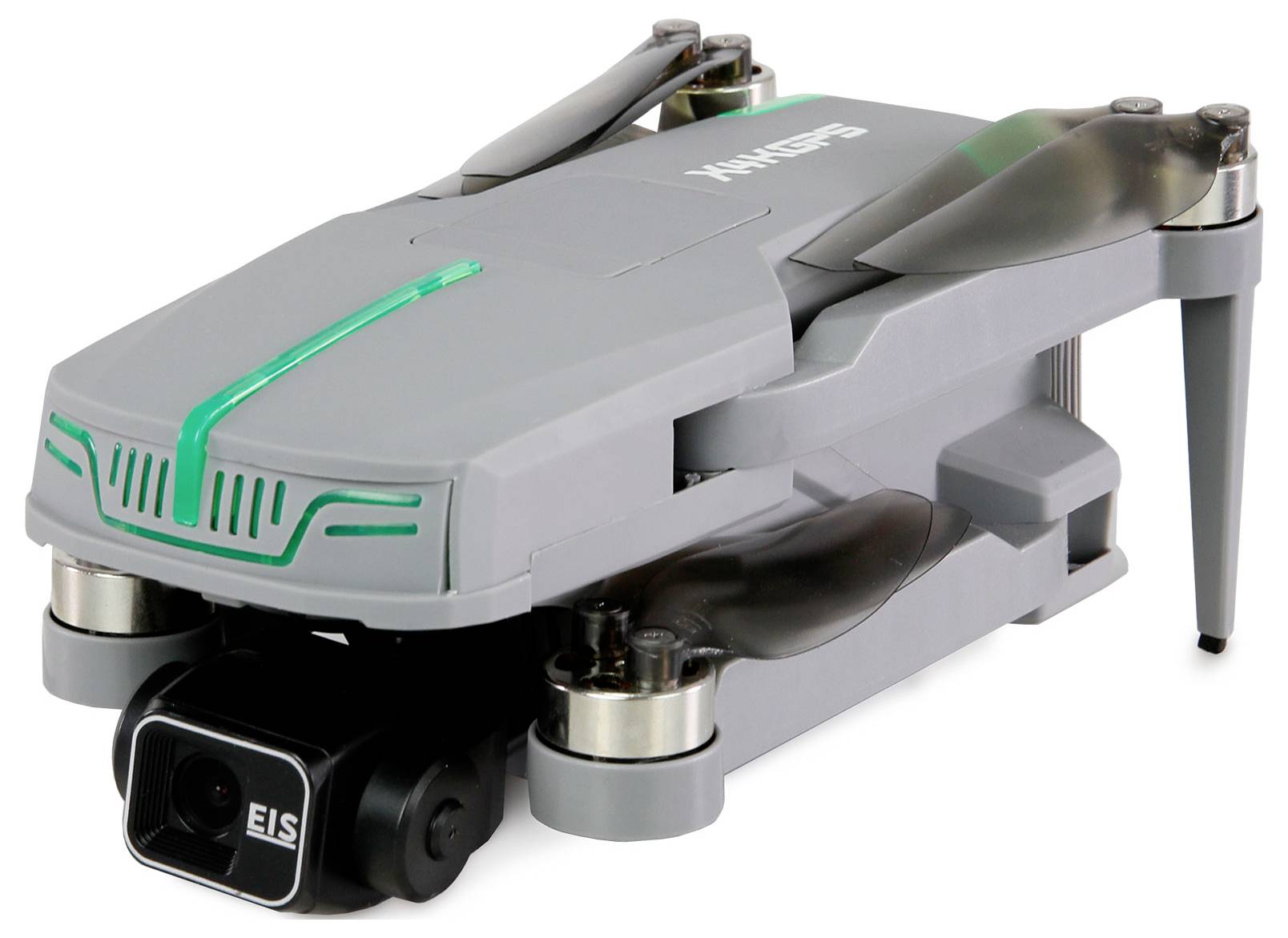 A compact, gray drone with foldable wings and a camera on the front, positioned on a flat surface.