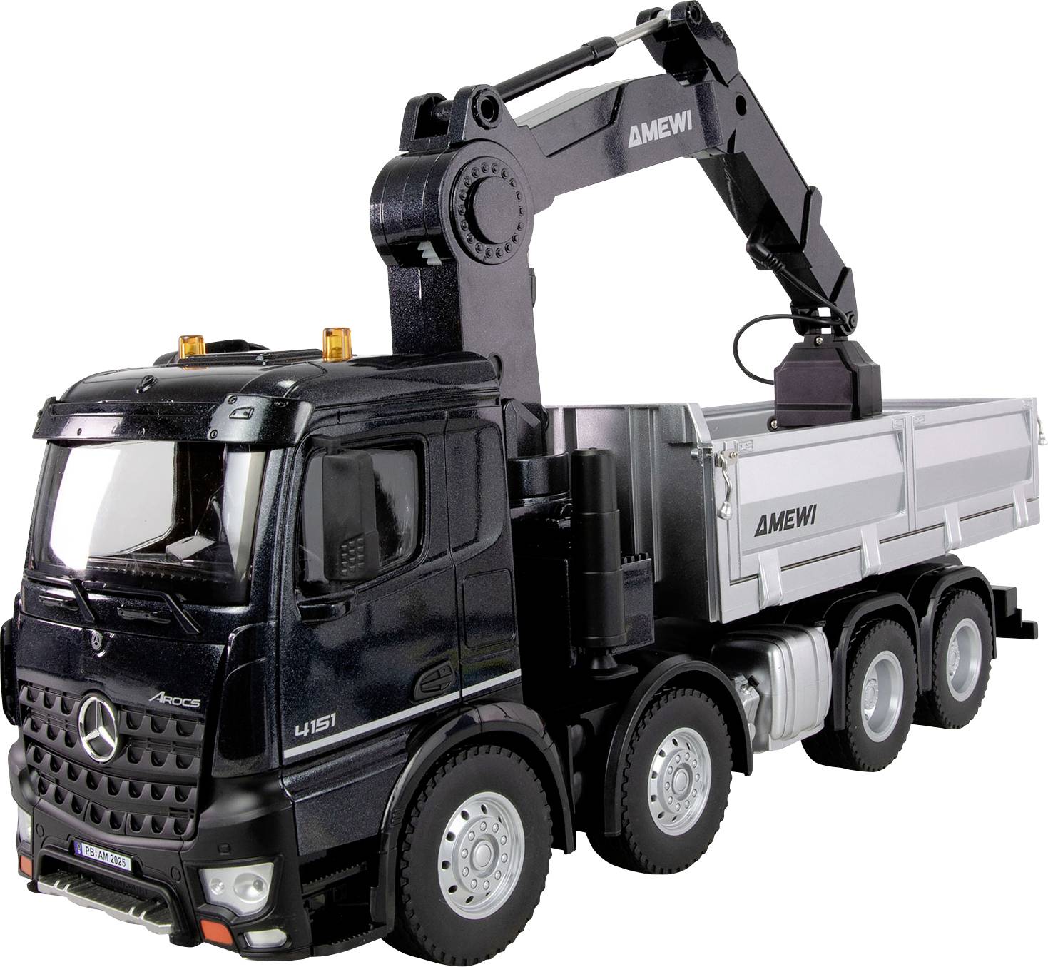 A MEWI-branded black toy truck with a crane and cargo bed, resembling a utility vehicle, set against a plain white background.
