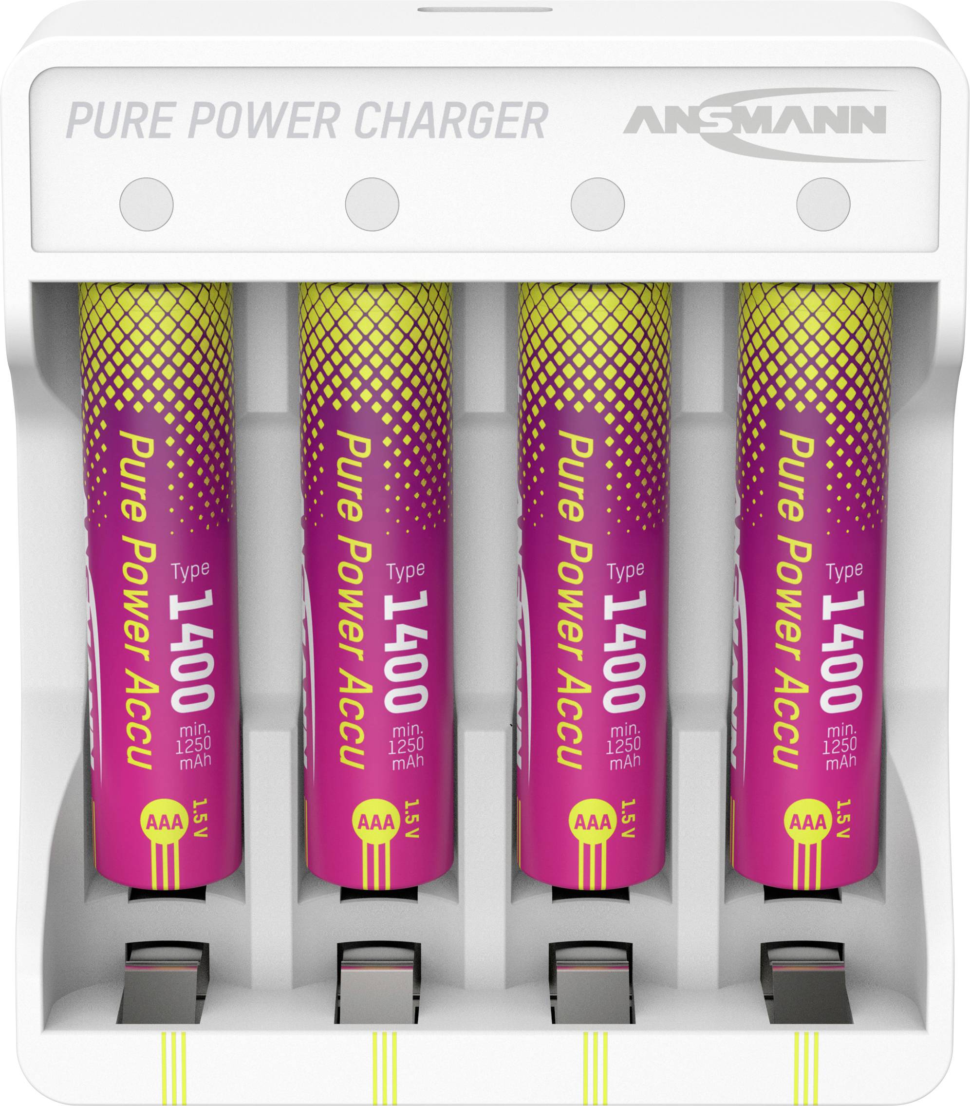 Four AAA batteries in a white Ansmann Pure Power Charger. The batteries are labeled '1400 mAh' and 'Pure Power Accu'.