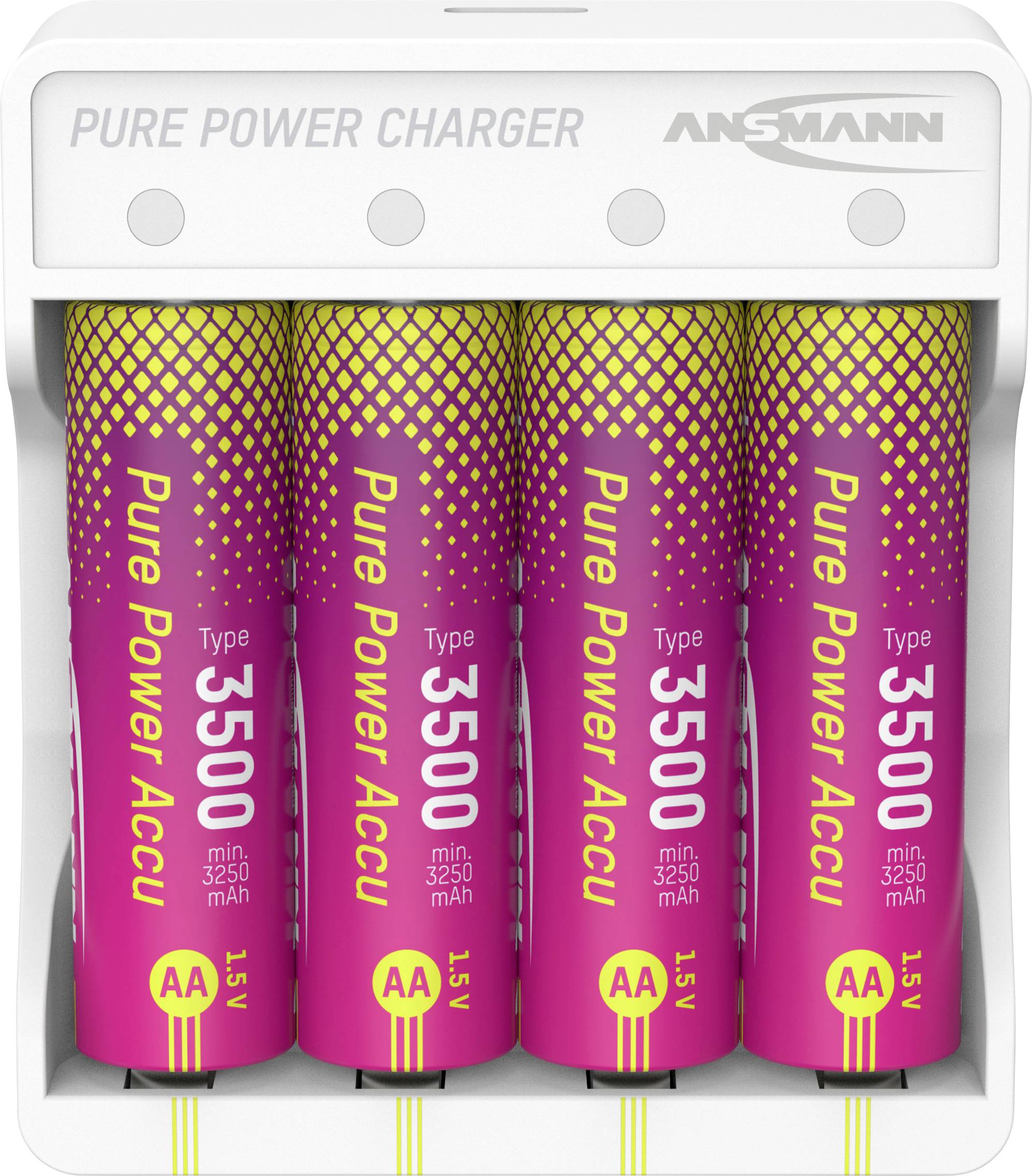 Battery charger with four pink 'Type 3500 Pure Power Accu' AA rechargeable batteries. Label reads 'PURE POWER CHARGER ANSMANN'.