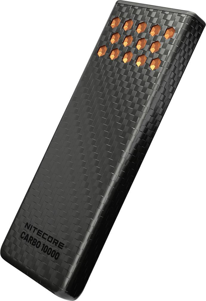 Black carbon fiber-textured power bank with orange accents, labeled NITECORE CARBO 10000.