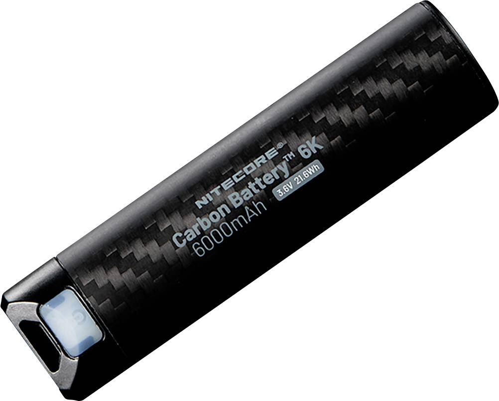 Rechargeable Nitecore battery labeled 'Carbon Battery 6K', 6000mAh capacity, designed for high efficiency and durability.