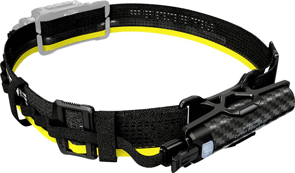 A black and yellow headlamp with an adjustable strap, featuring a compact, rectangular light on the front for hands-free illumination.