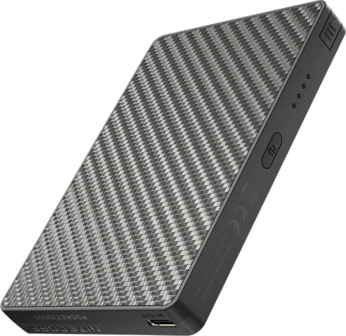 A sleek, rectangular external hard drive with a textured, carbon-fiber look and LED indicators on the side, showing charging status.
