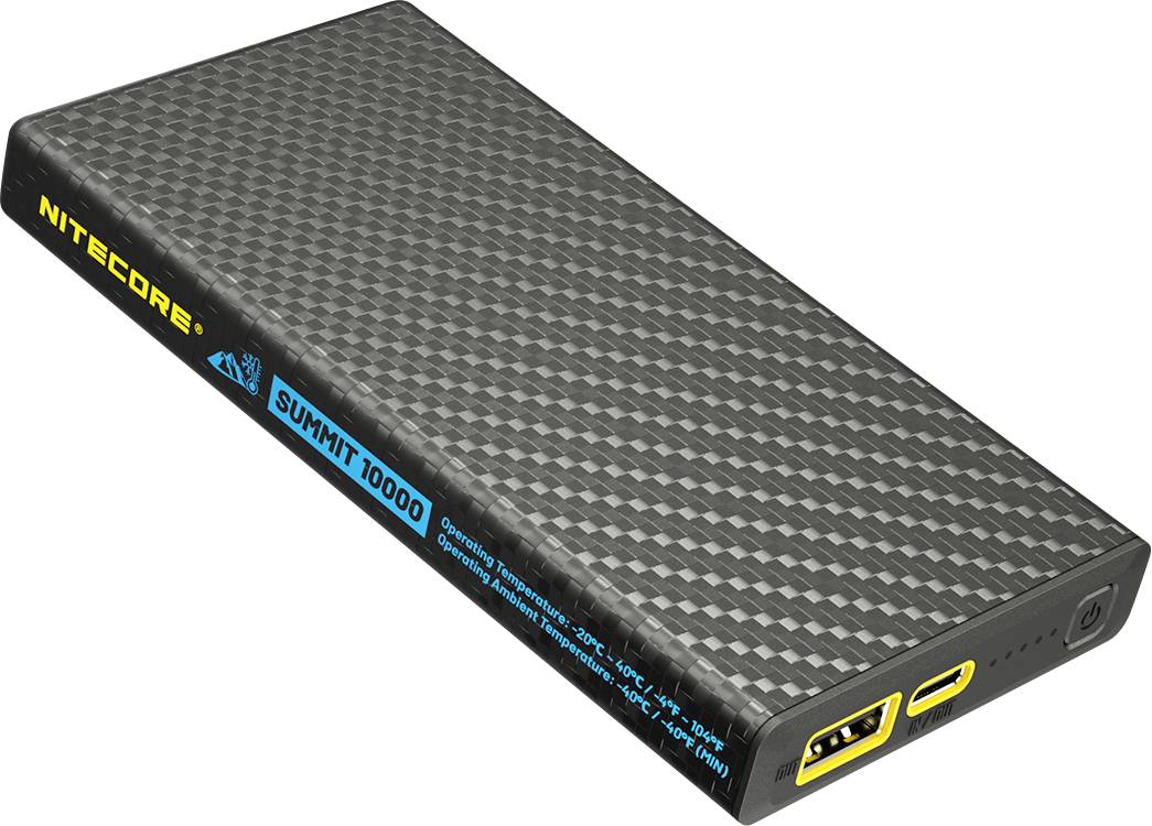 Black Nitecore Summit 10000 power bank with carbon fiber pattern, featuring USB and USB-C ports.
