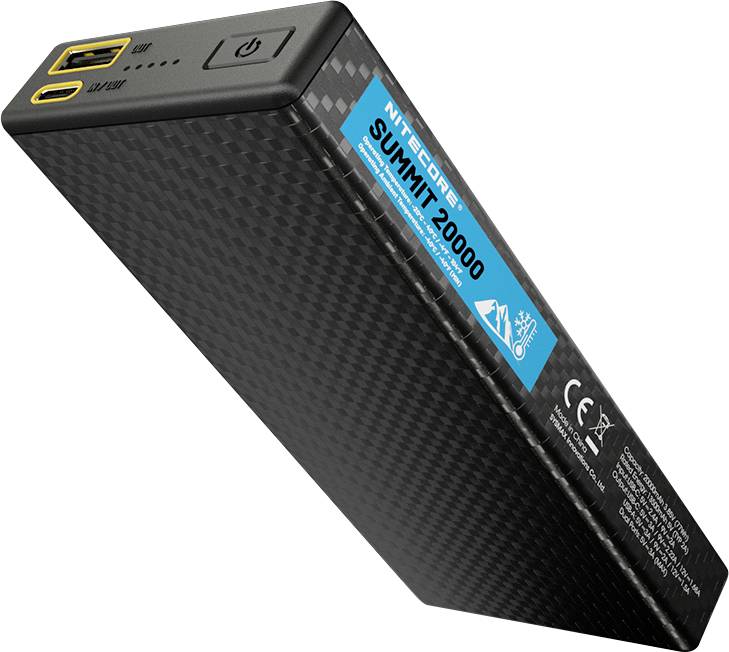 A portable black power bank, labeled 'Nitecore Summit 20000', features USB ports and a power button, with a textured surface design.