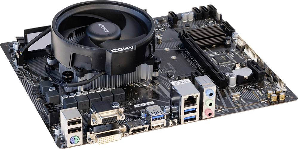 Image of a computer motherboard with a CPU cooler, various ports, and slots for RAM and expansion cards, indicating hardware configuration.