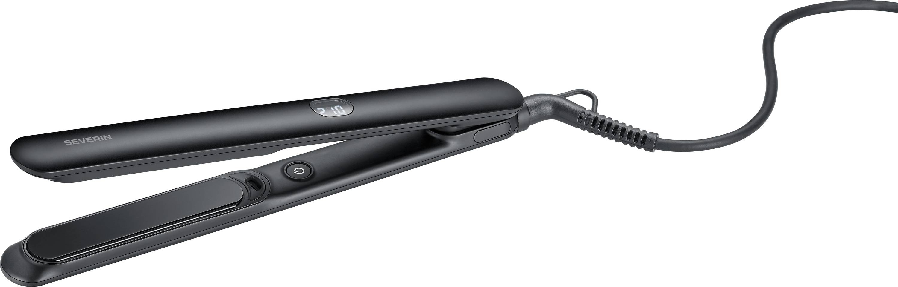 A black hair straightener with a swiveling cord, featuring a power button on the handle.
