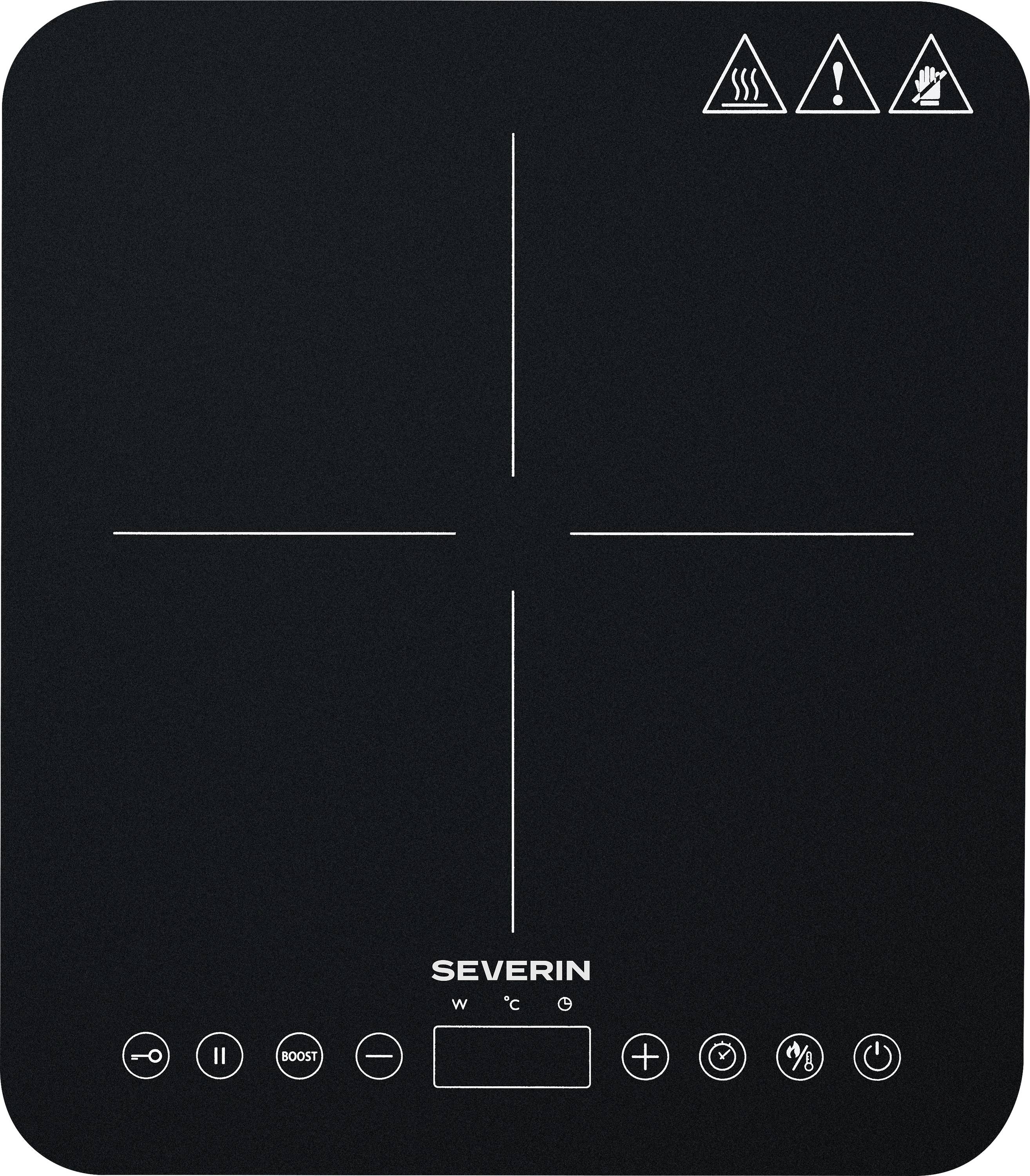 Portable induction cooktop with labeled touch controls; features icons for power, temperature, boost mode, and safety warnings.
