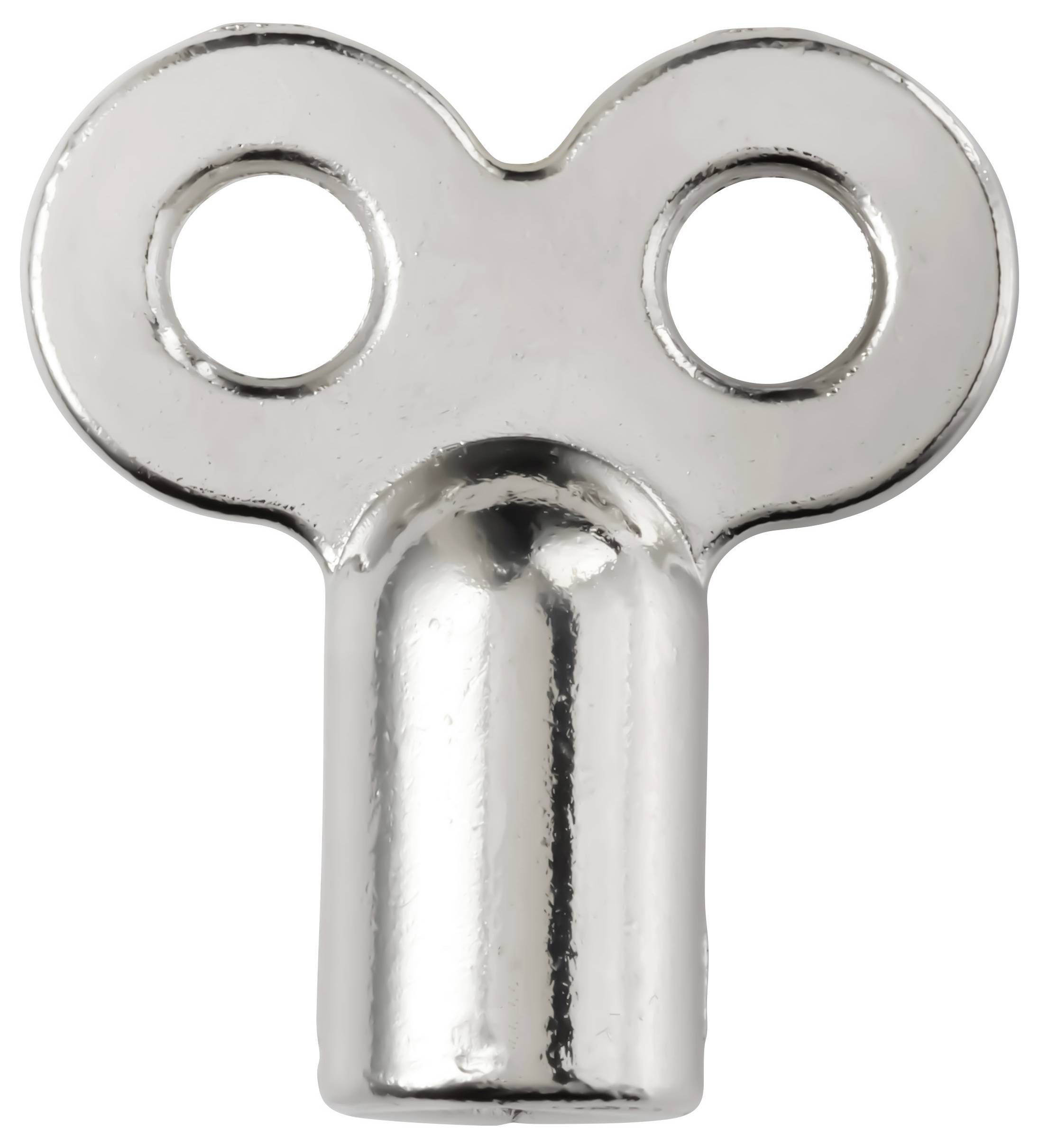 Silver wind-up key with two round holes and a cylindrical stem on a white background.