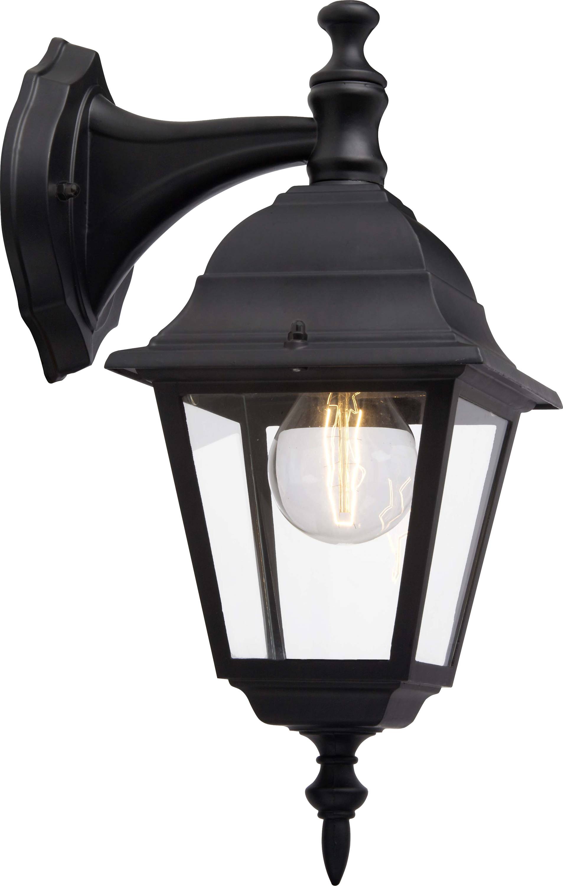 A traditional black outdoor wall lantern with a clear glass casing and visible filament bulb, mounted on a decorative arm.