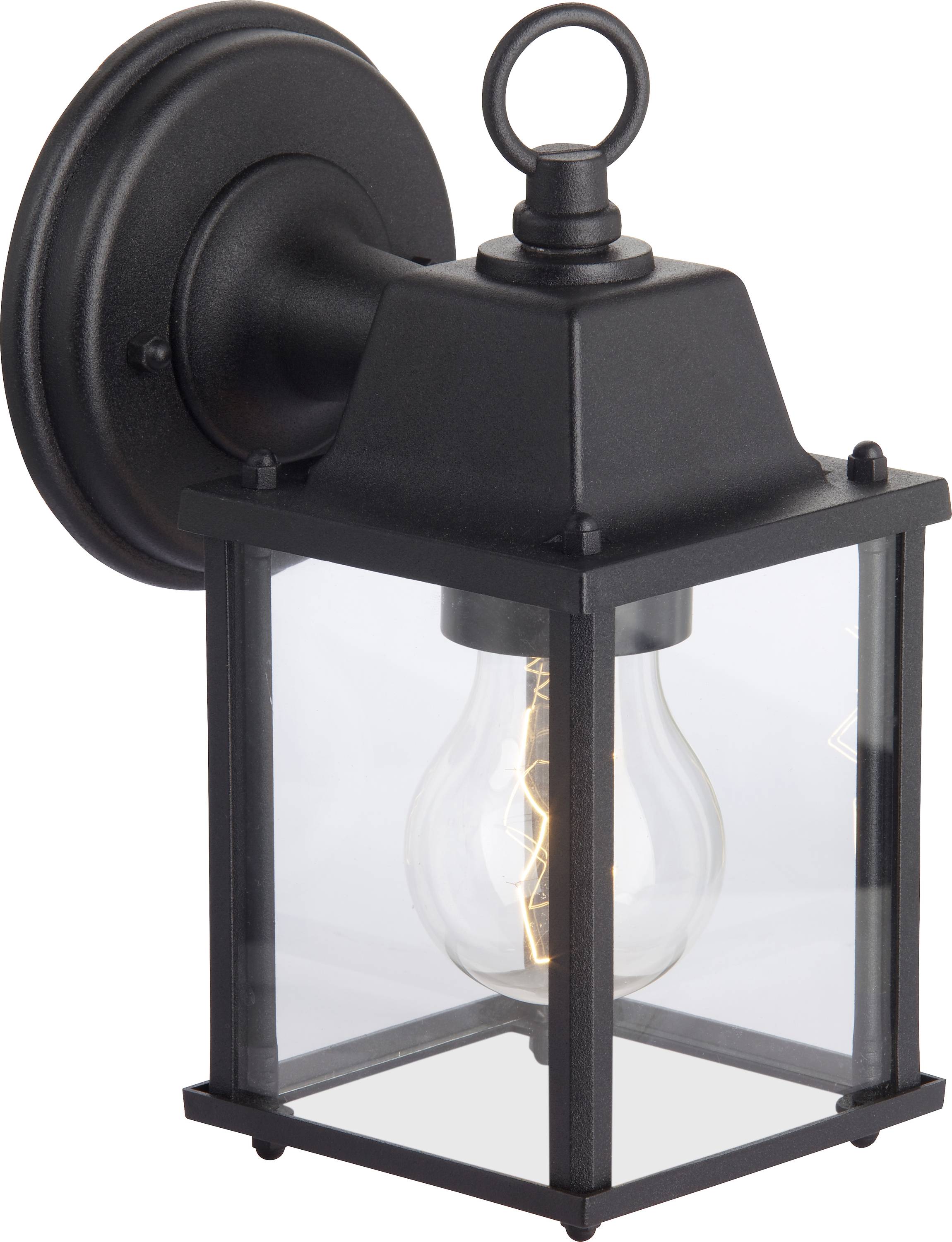 A black, square outdoor wall lantern with a clear glass enclosure housing a light bulb, mounted on a circular base.