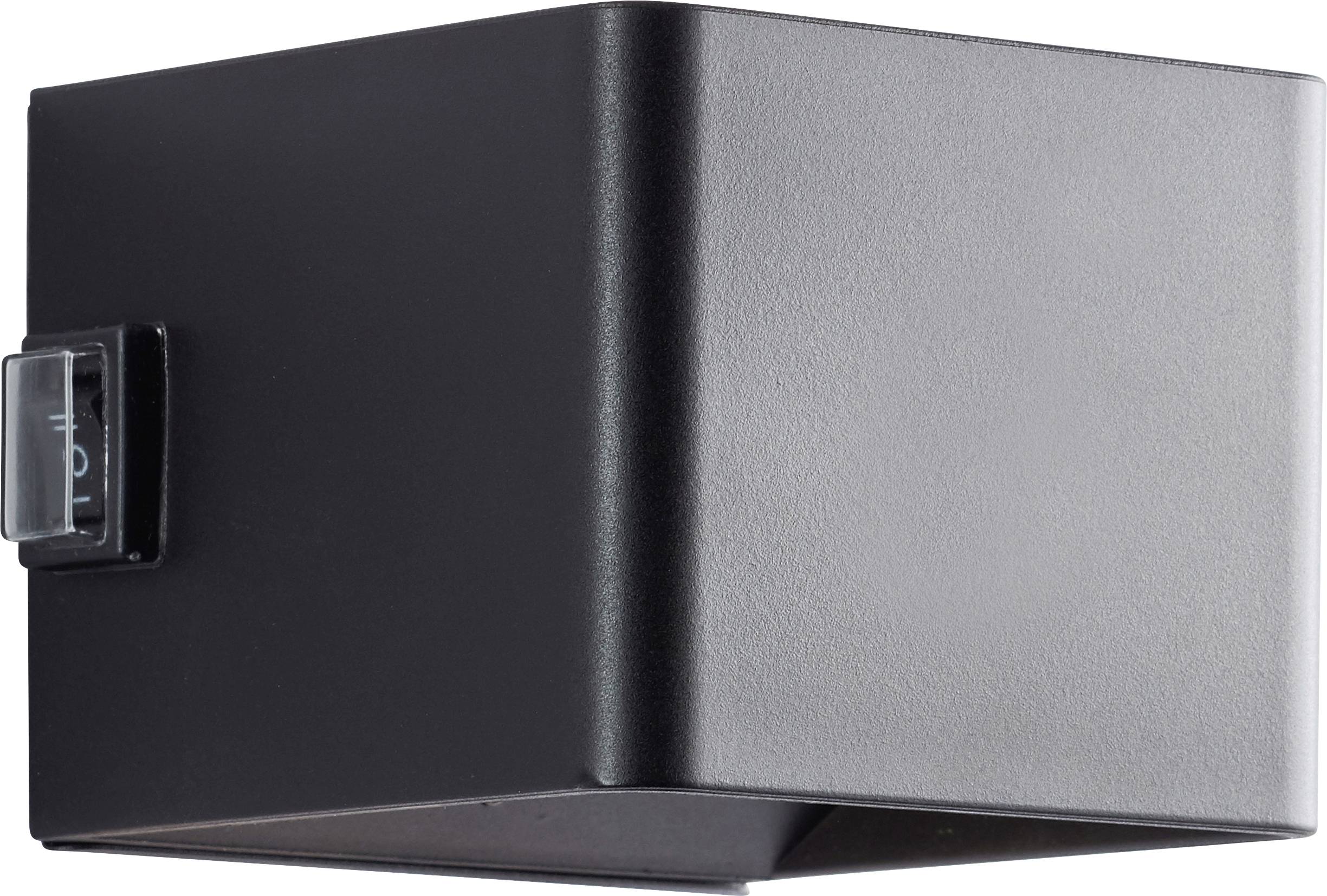 A black, cube-shaped outdoor wall light fixture with a toggle switch on the side for turning it on or off. Suitable for modern decor.