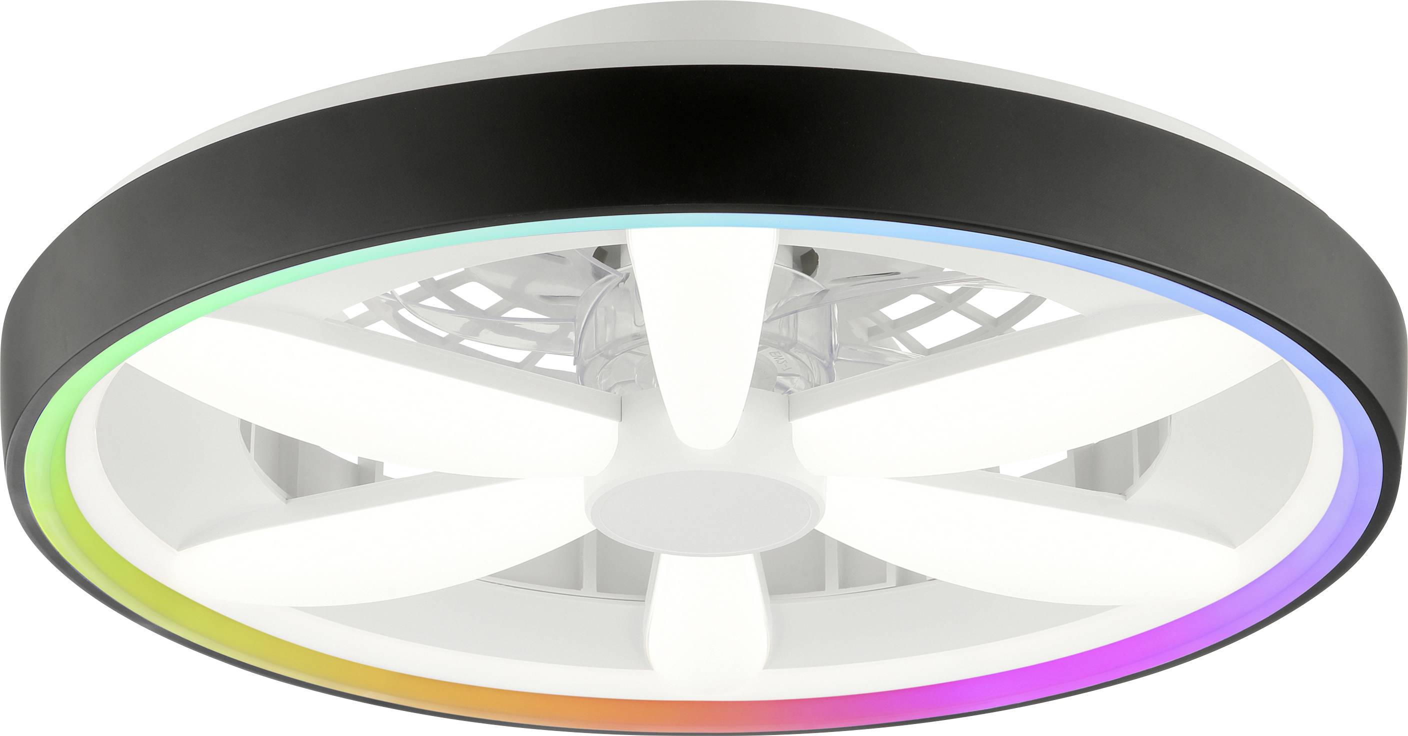 Ceiling fan with a modern black ring design and rainbow-colored LED lights. The fan blades are white and curved.