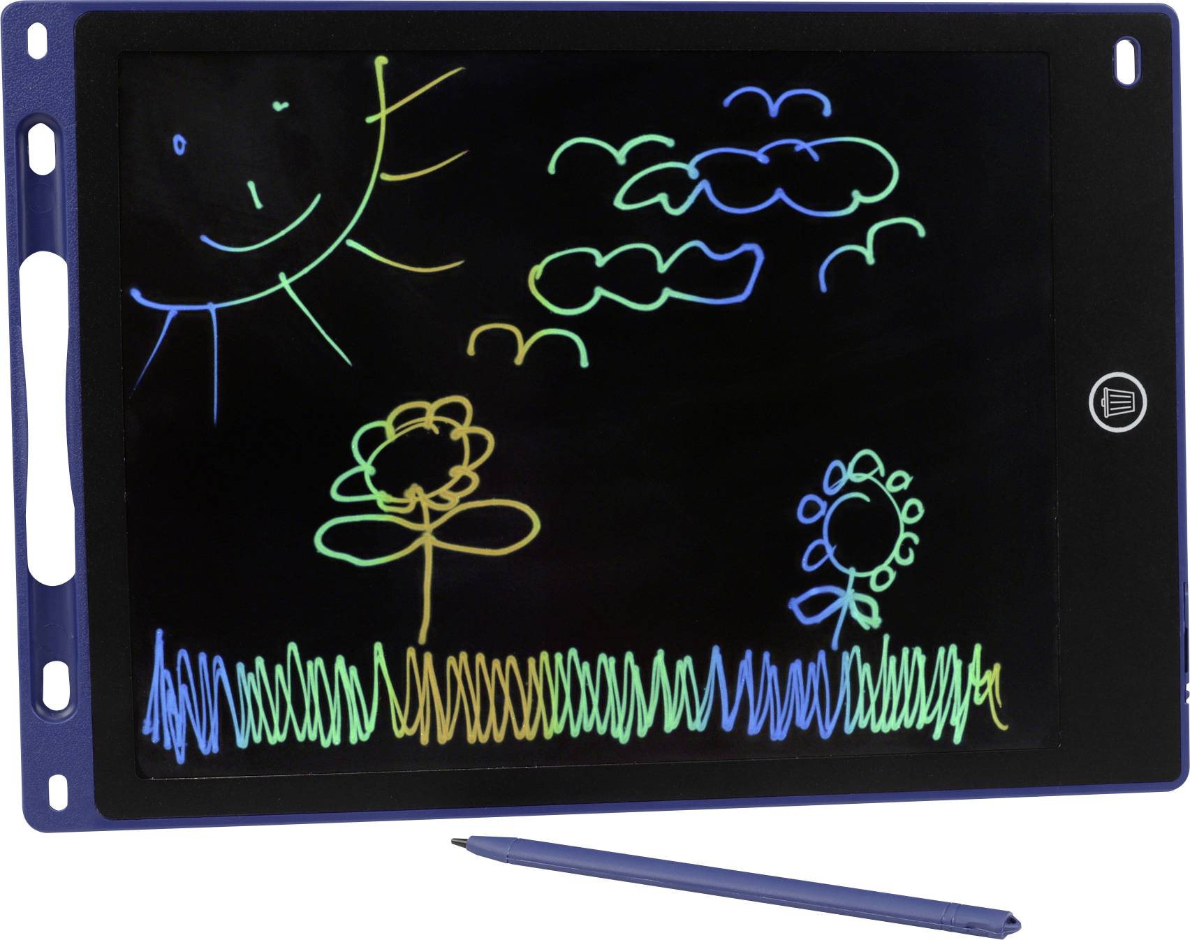 A colorful drawing on a black tablet screen shows a sun, clouds, grass, and two flowers. A stylus lies below the tablet.