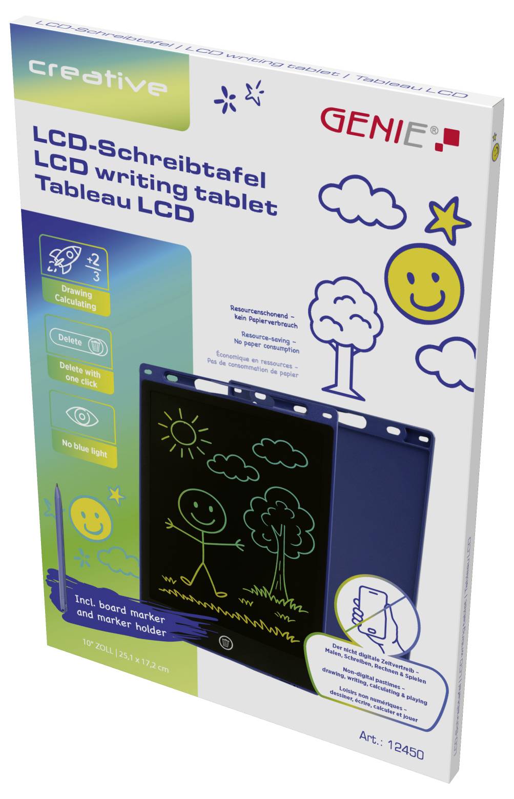 Creative GENIE LCD writing tablet packaging showing illustrations of a sun, cloud, tree, and smiley face. Includes marker and holder.