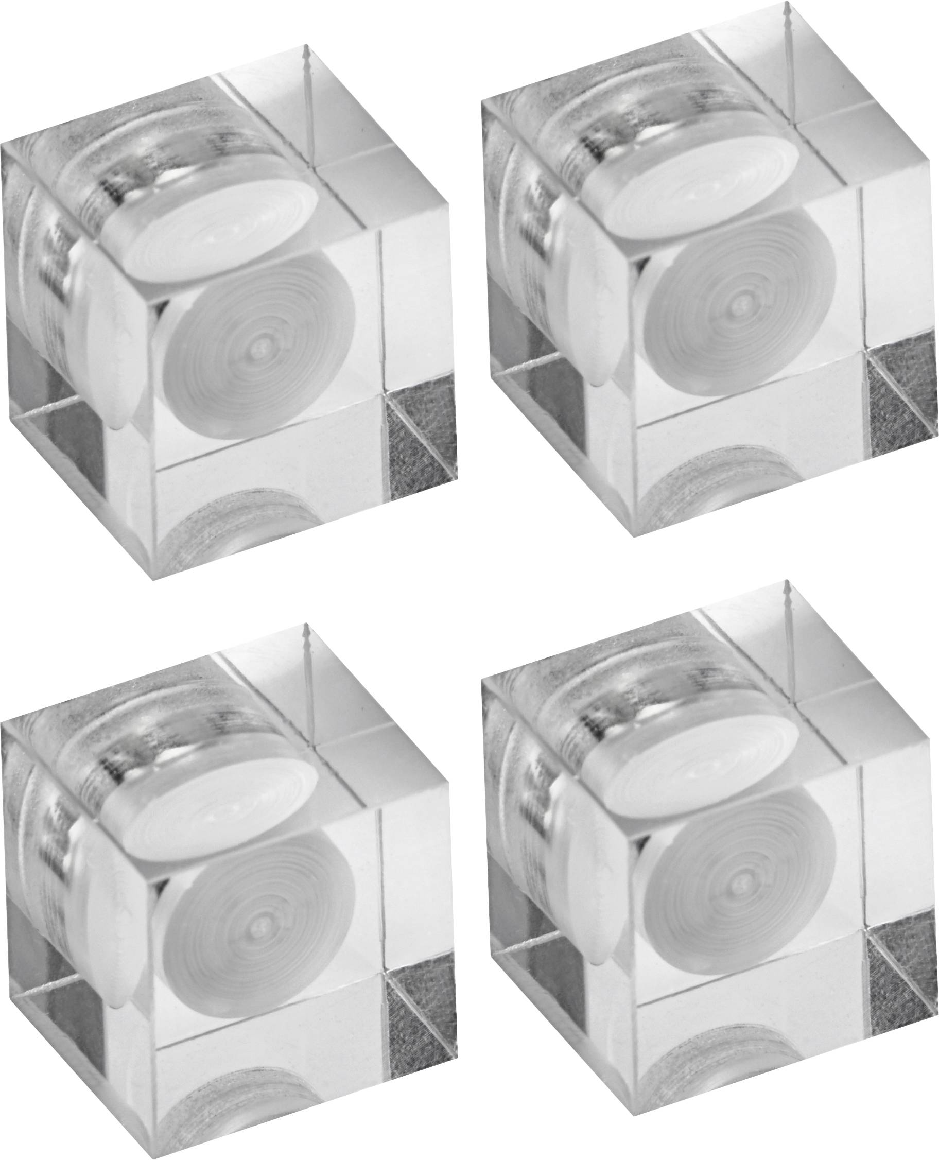 Four transparent cubes, each containing a white spiral, are arranged in a 2x2 grid.