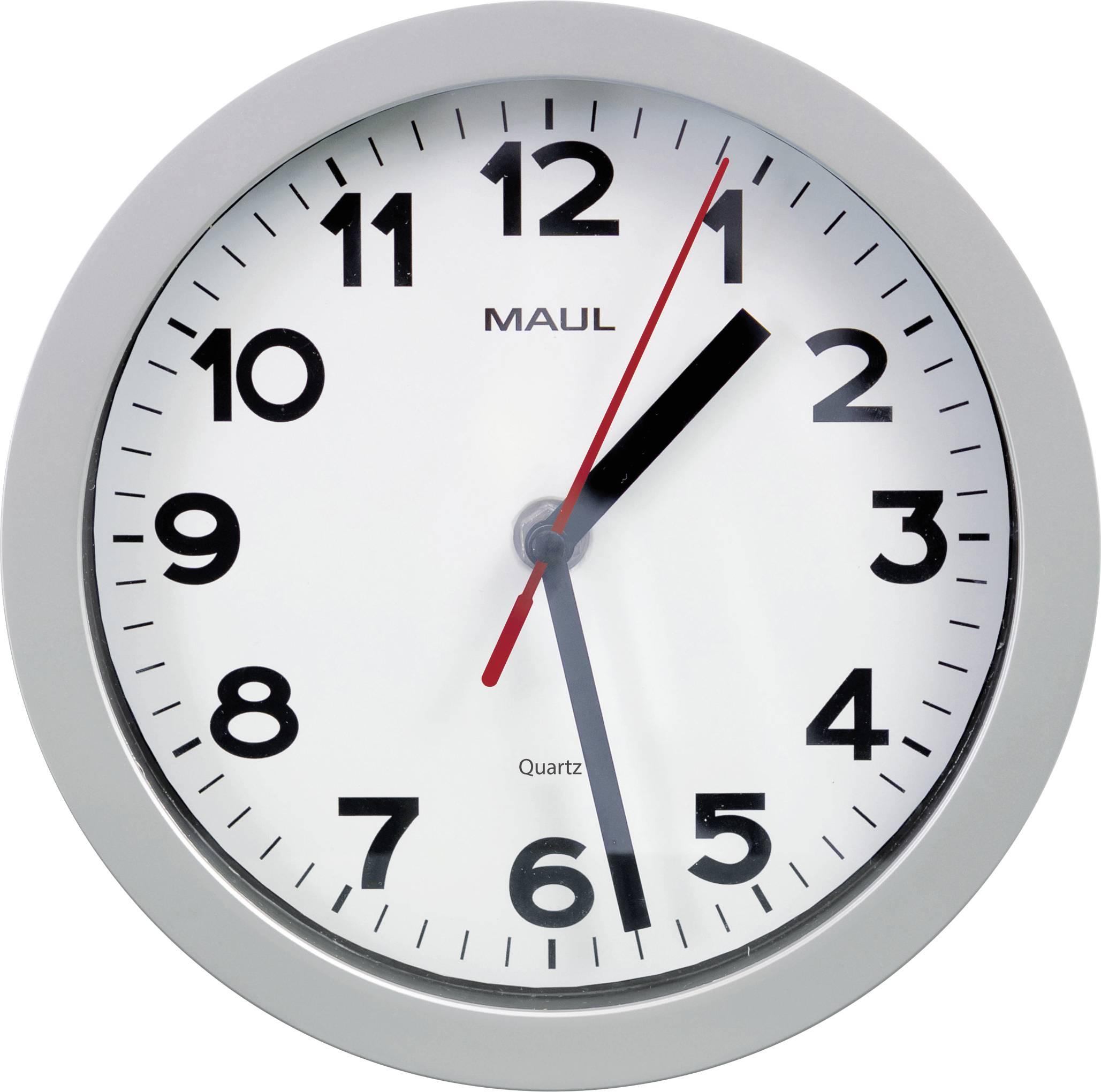 A round wall clock showing the time at approximately 10:10, with a silver frame and black numbers on a white face. It has red and black hands.