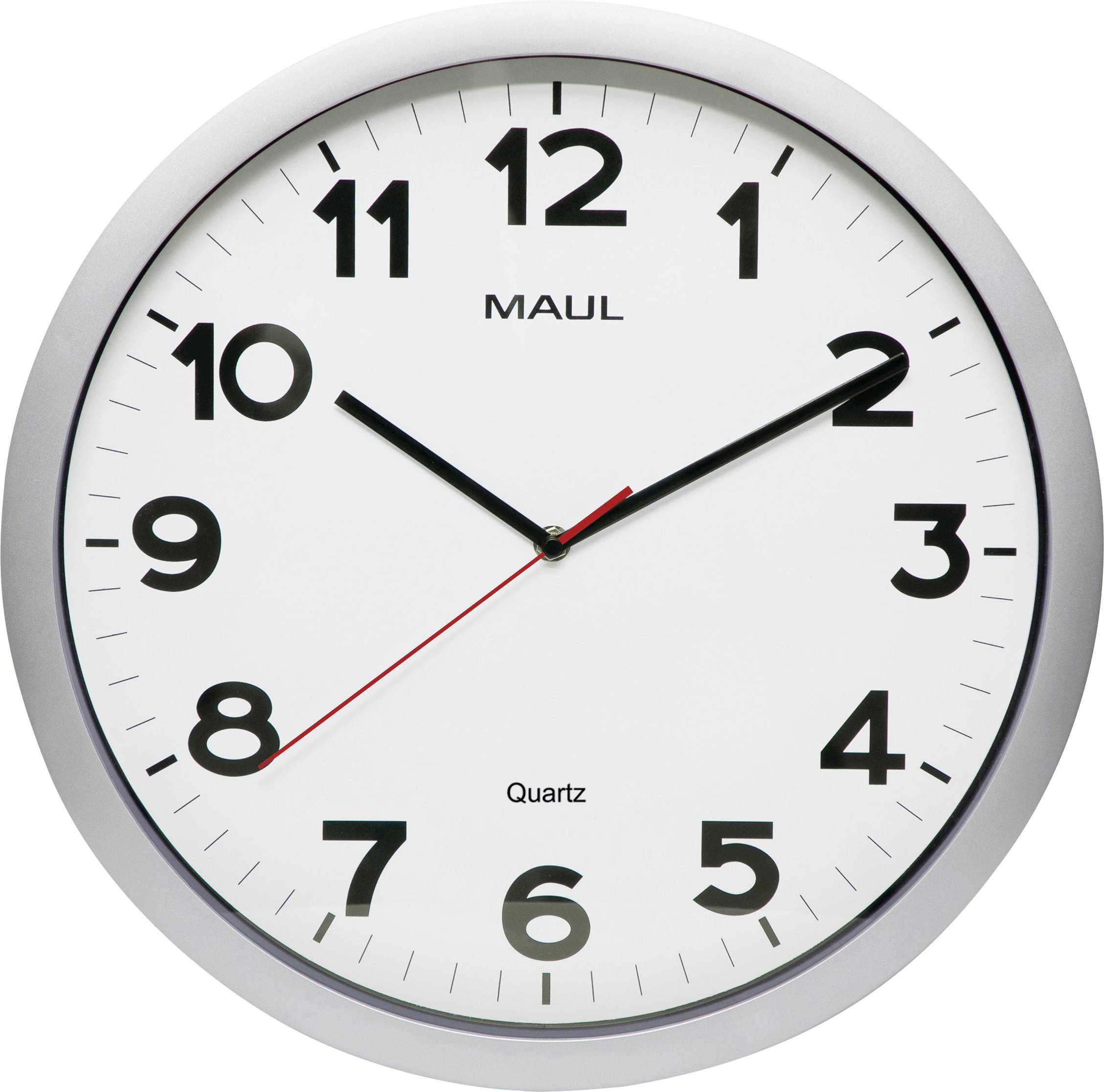 A round wall clock with black numbers and hands, showing the time as 10:09. The second hand is red.